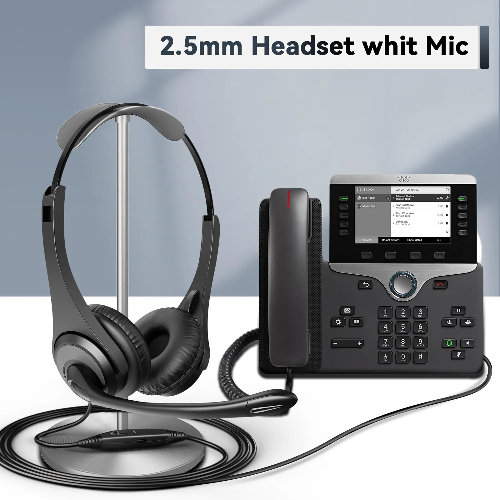 2.5mm Telephone Headset with Noise Canceling Mic & Volume Controls, Office Phone Headset for Call Center Compatible with Panasonic VTech AT&T Uniden RCA Cisco Gigaset etc Cordless Landline Phones Black-Binaural - Image 6