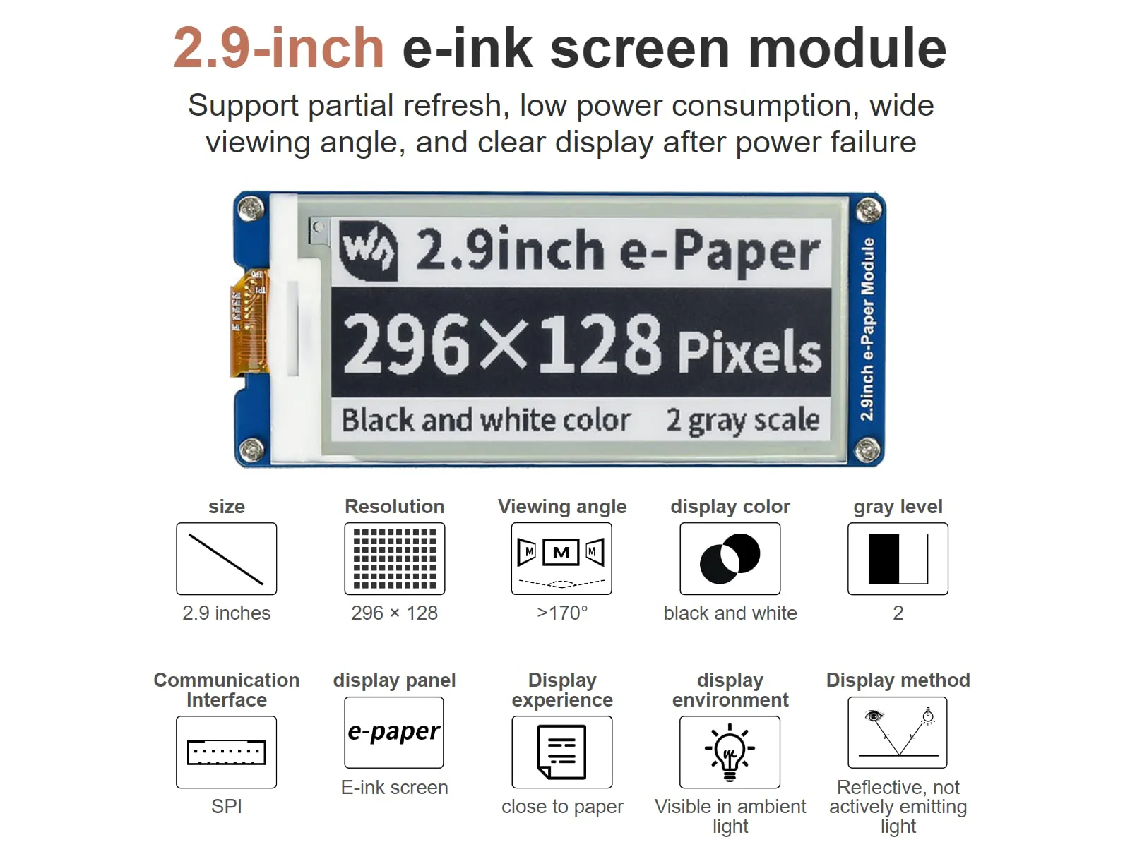 2.9 inch E-Paper Module 296 x 128 Resolution 3.3 V/5 V Two-Colour E-Ink Display Module epaper Screen SPI Interface for Raspberry Pi/Arduino/Nucleo Support Partial Refresh 2.9inch E-paper Display Module - Image 2