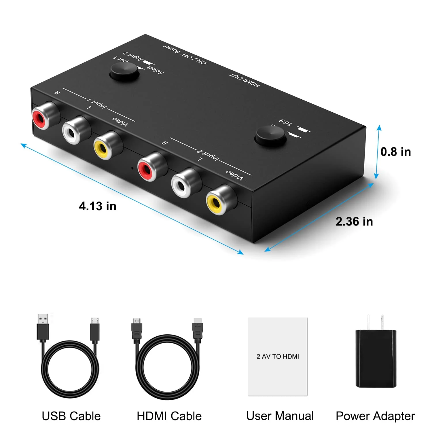 2 AV to HDMI Converter, 1080P/720P 2 Port RCA Composite CVBS AV Switch to HDMI Converter Adapter Support 4:3/16:9 Switching, for TV PC PS2 PS3 N64 NGC SNES WII VHS VCR Camera DVD-Black 2AV to HDMI Converter - Image 3