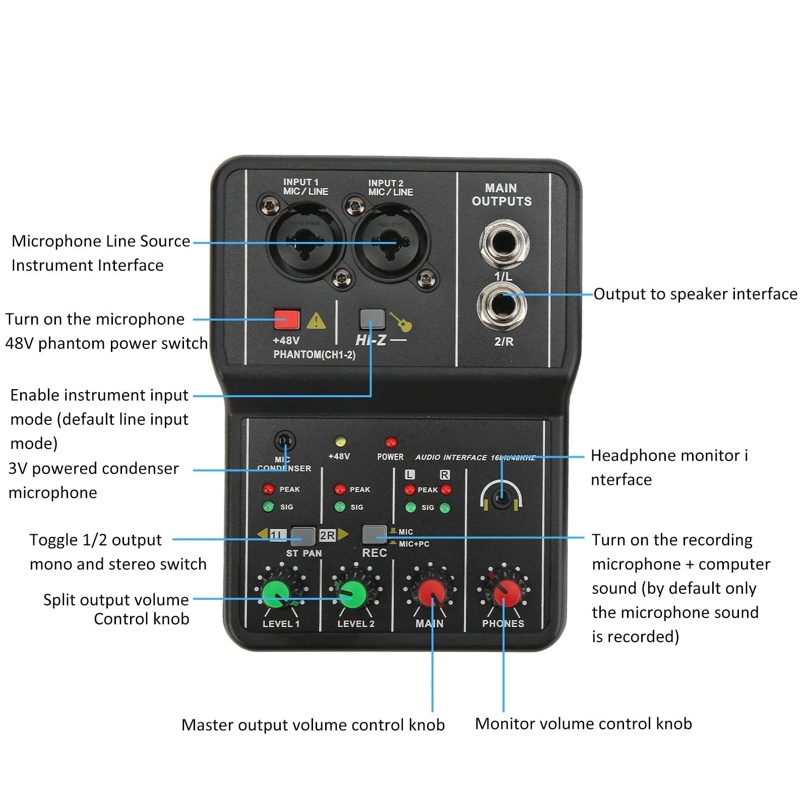2 Channel Mixer, USB Audio Mixer, USB 48V Power Compact Sound Mixing Console for Music Recording Home Karaoke Internet Karaoke - Image 4