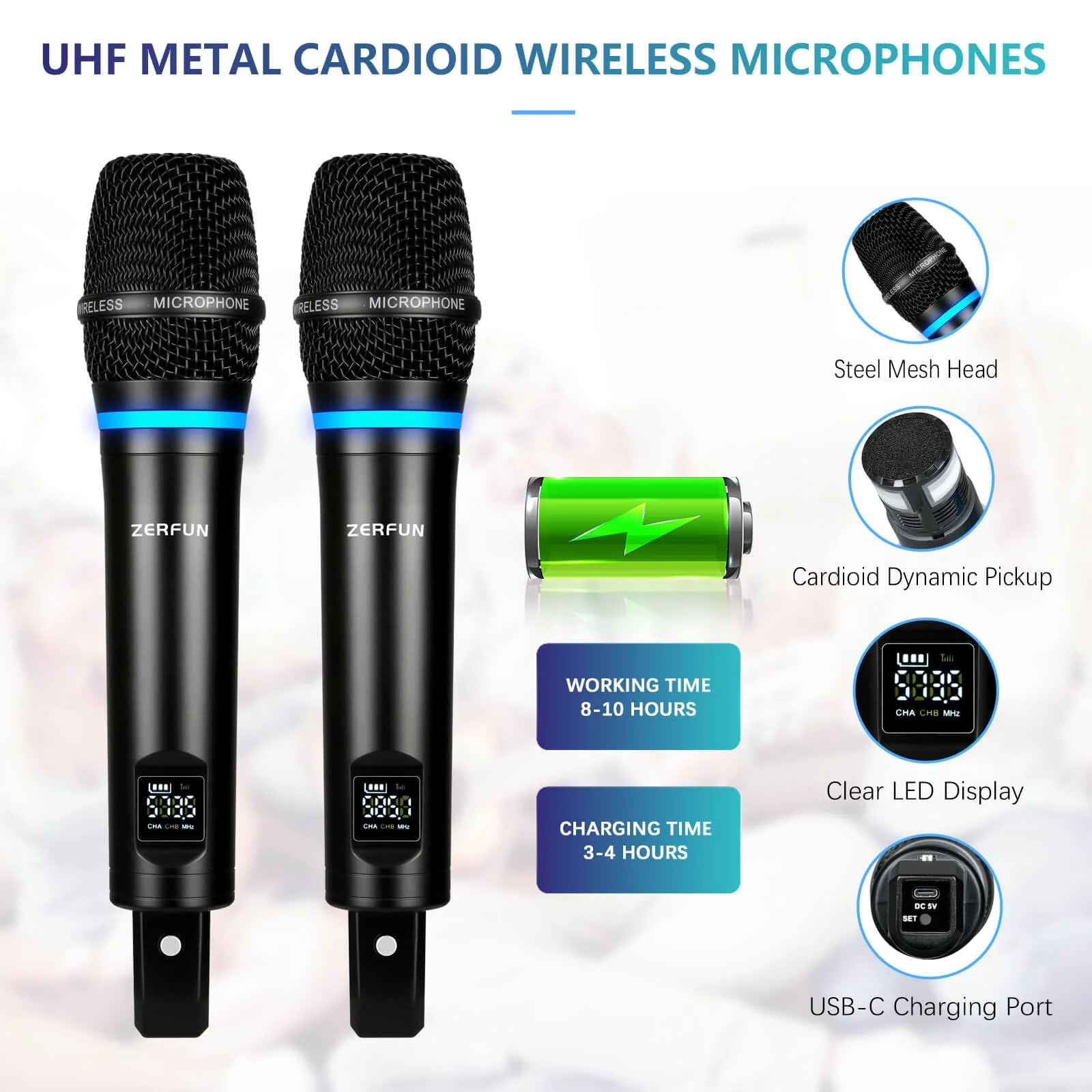 2 Channel Rechargeable Wireless Microphone System, Pro UHF Metal Handheld Wireless Microphones Cordless Mics with Mini Receiver, Channel Control for Karaoke Singing Church Rechargeable WM-2 2 Handheld - Image 3