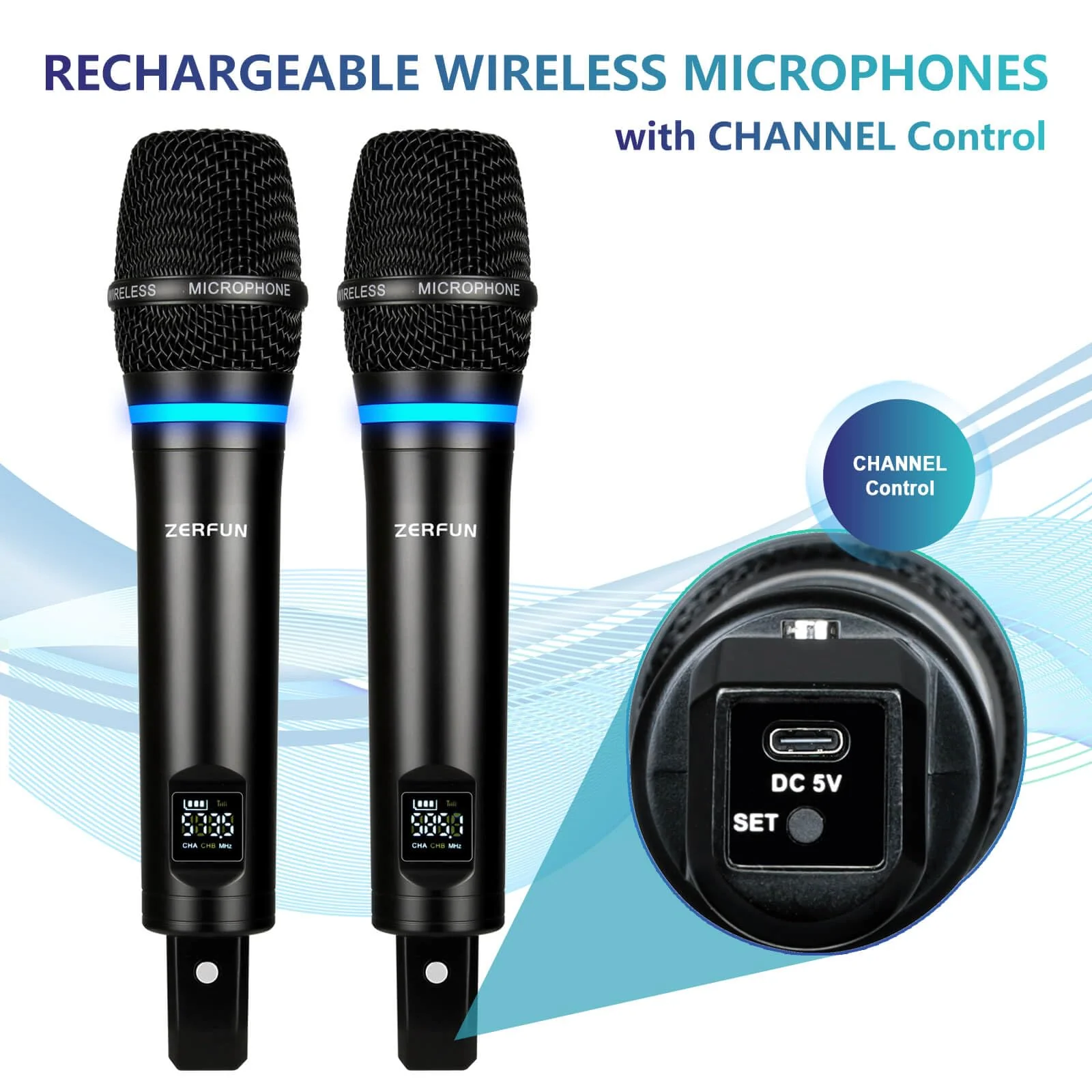 2 Channel Rechargeable Wireless Microphone System, Pro UHF Metal Handheld Wireless Microphones Cordless Mics with Mini Receiver, Channel Control for Karaoke Singing Church Rechargeable WM-2 2 Handheld - Image 4
