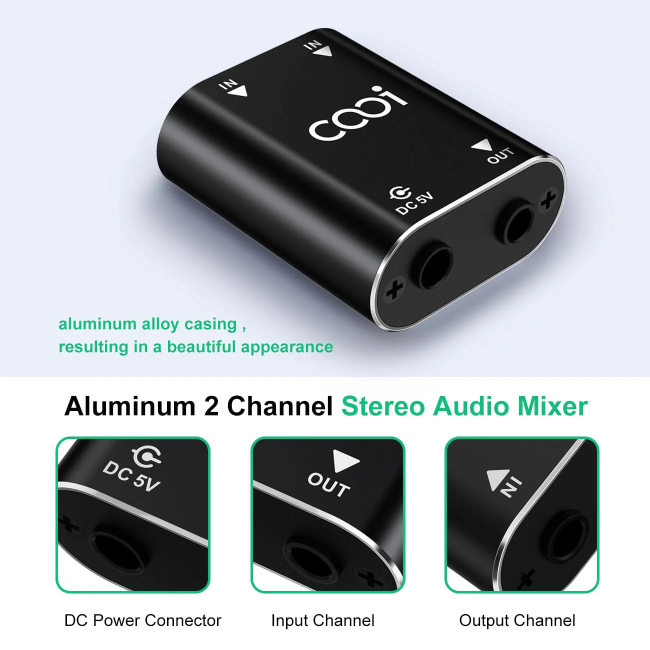 2 Channel Stereo Audio Mixer - Metal Shell, AUX Interface Support 2 In 1 Out Mini Stereo Sound Mixer Includes 1-Meter Audio Cables - For PC, Phone, Laptop, Headphones - Image 2