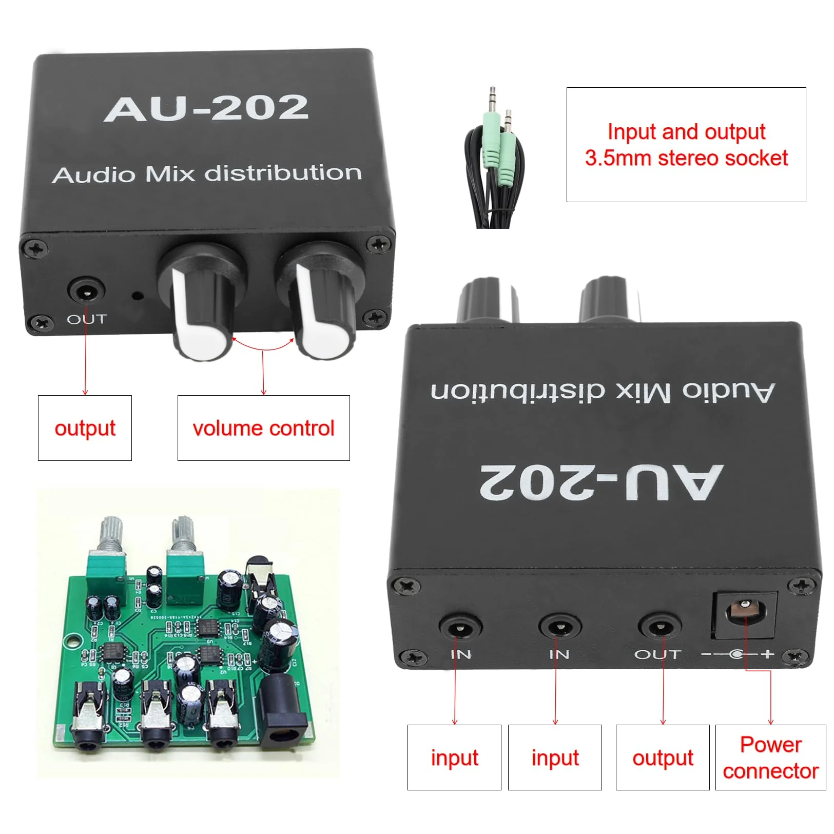 2 Channel Stereo Mixer, 2 in 2 Out Low Noise Independent Volume Control 3.5mm Small Sound Mixer for Headphone DC 5‑24V - Image 2