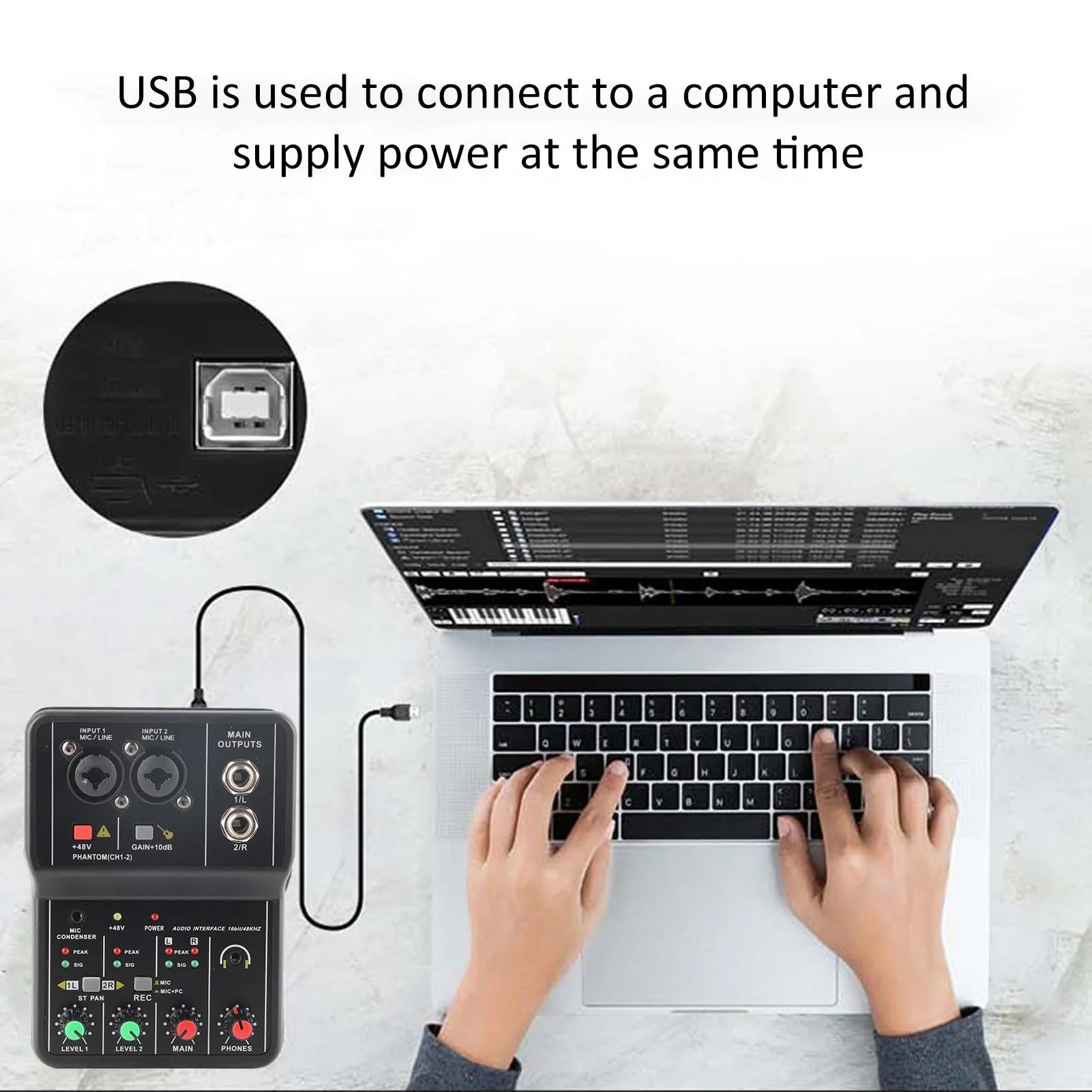 2 Channels Audio Mixer, Sound Card USB 48V Power Compact Sound Mixing Console, USB Soundcard for PC Recording for Music Recording Home Karaoke Internet Karaoke - Image 4