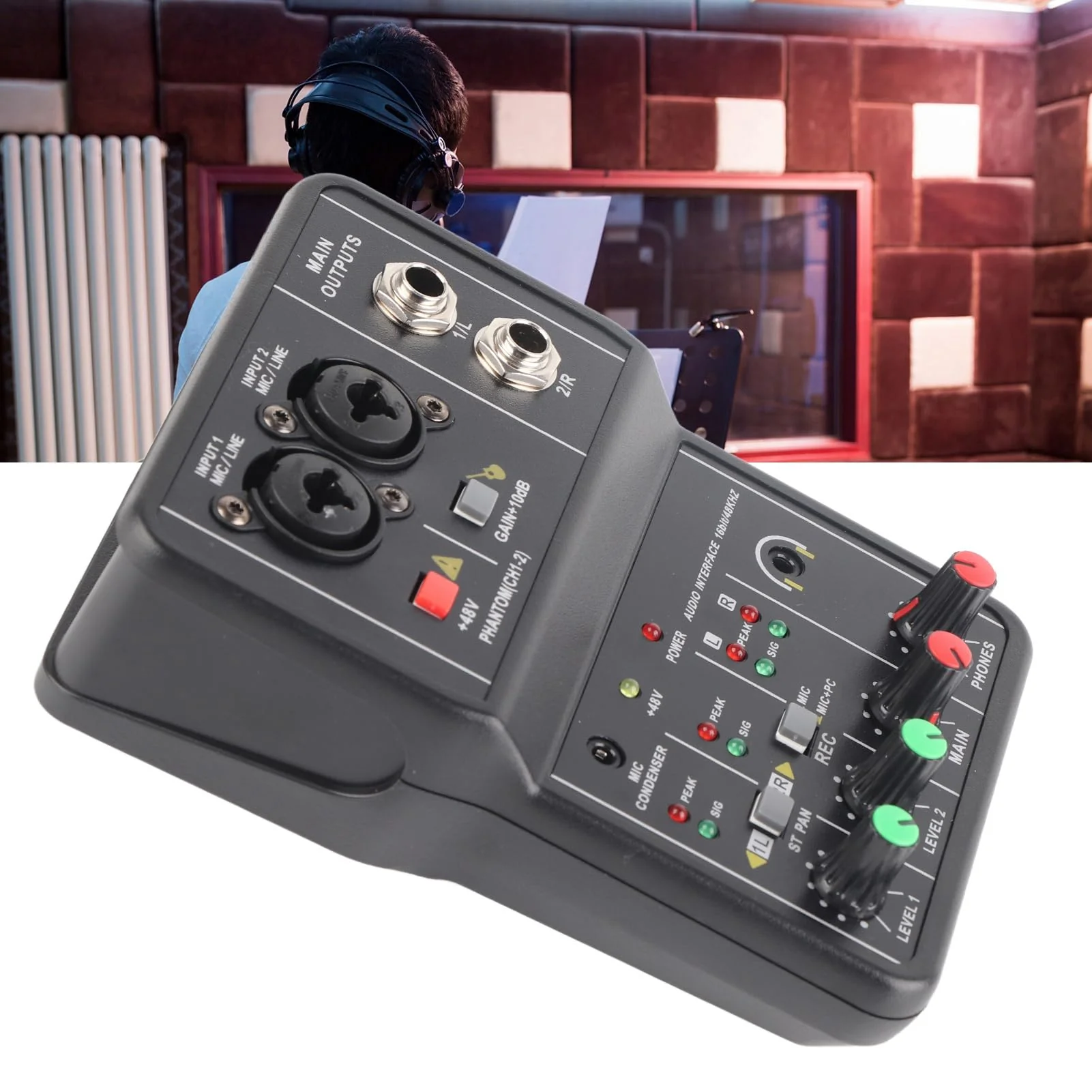 2 Channels Audio Mixer, Sound Card USB 48V Power Compact Sound Mixing Console, USB Soundcard for PC Recording for Music Recording Home Karaoke Internet Karaoke - Image 5