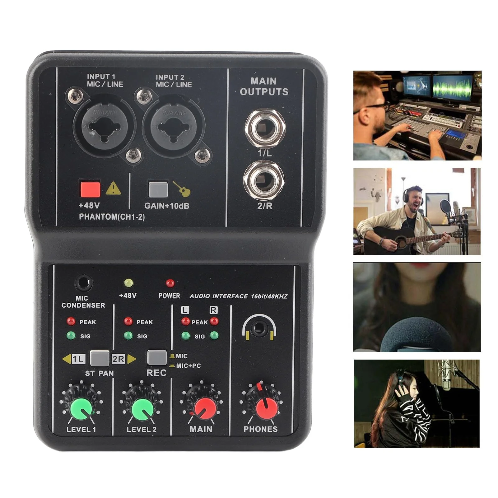 2 Channels Audio Mixer, Sound Card USB 48V Power Compact Sound Mixing Console, USB Soundcard for PC Recording for Music Recording Home Karaoke Internet Karaoke - Image 6