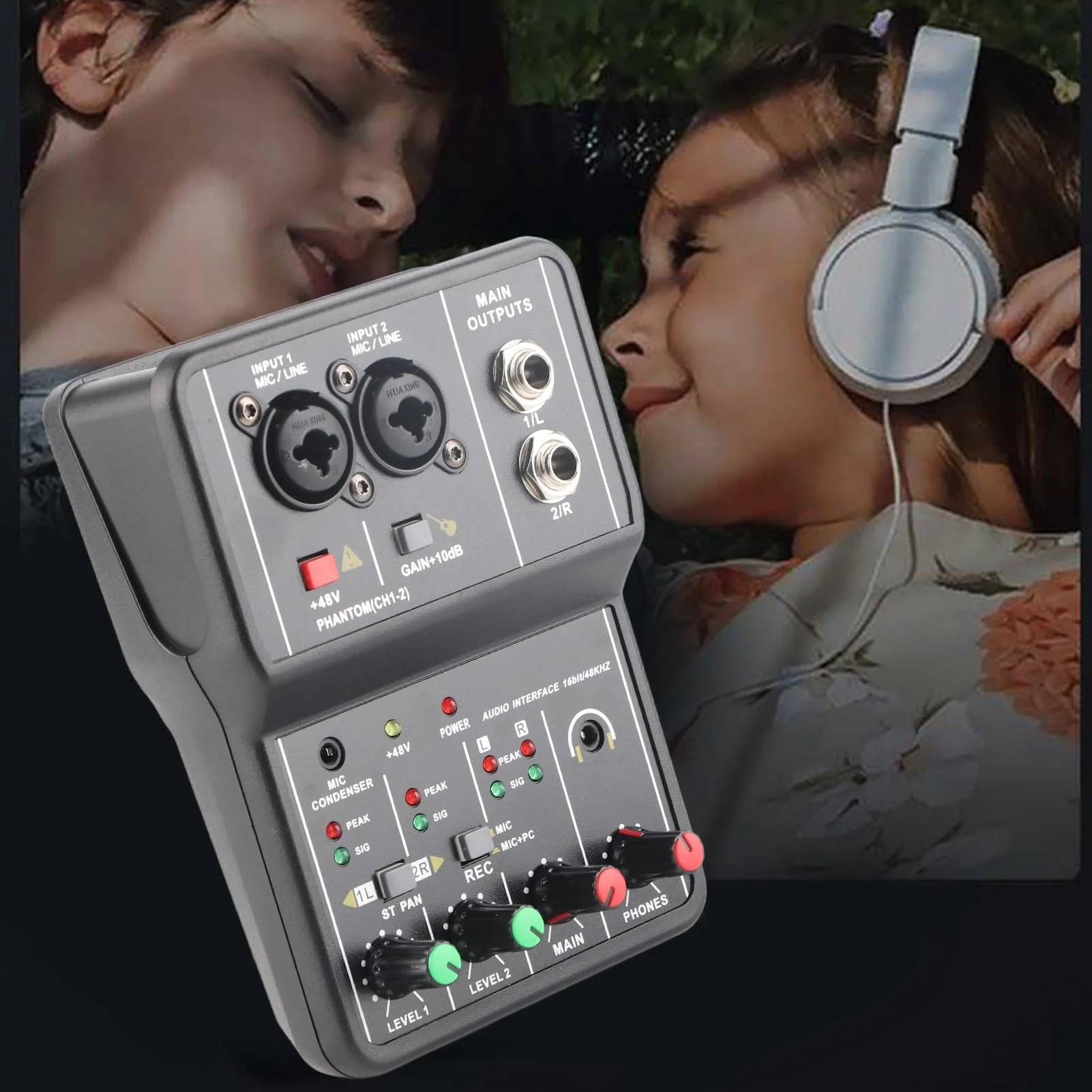 2 Channels Audio Mixer, Sound Card USB 48V Power Compact Sound Mixing Console, USB Soundcard for PC Recording for Music Recording Home Karaoke Internet Karaoke - Image 7