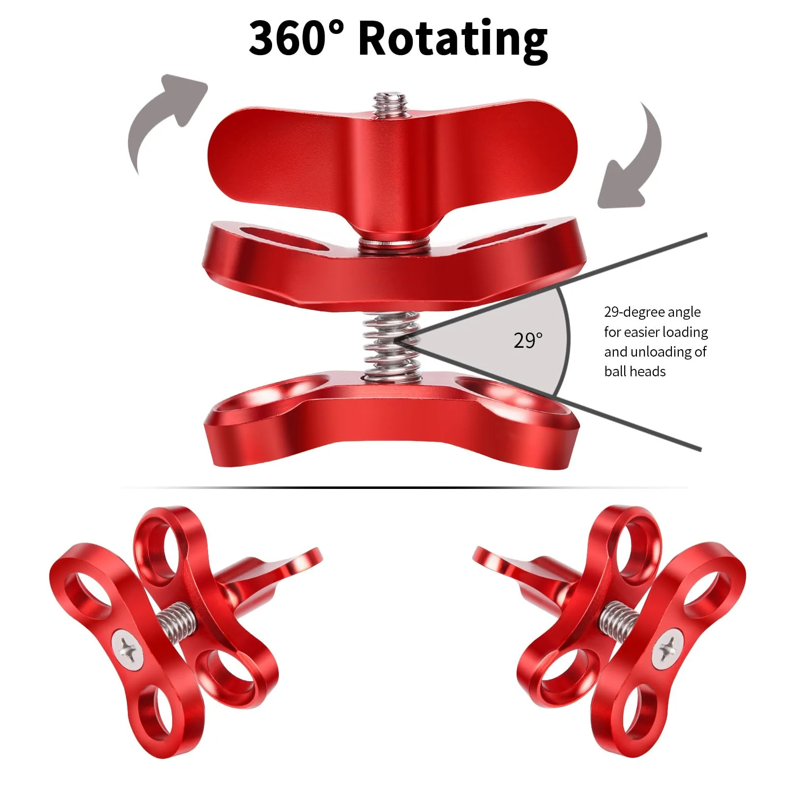 2-Hole 1" Aluminum Underwater Camera Clamp Ball Mount (2-Pack) - Underwater Bracket for Diving Light Arms & Camera Trays, Saltwater-Resistant Adapter for Scuba Photography/Videography Gear Double Holes Red - Image 3