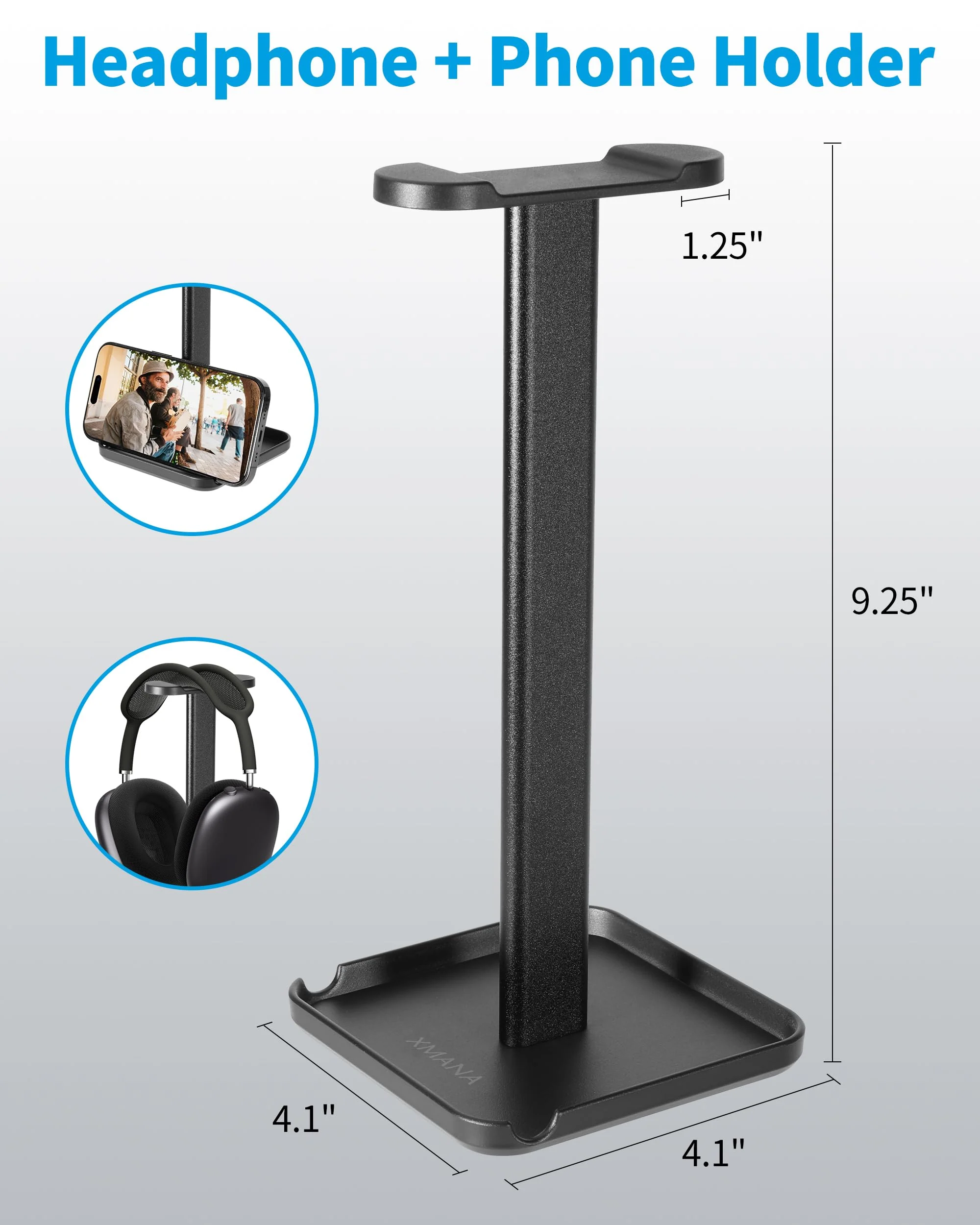 2-in-1 Aluminum Headphone Stand & Phone Holder Rack - Sleek, Sturdy & Ergonomic Design Gaming Headset Stand for Desk Organization - Gamer Gifts (Black) Black - Image 2