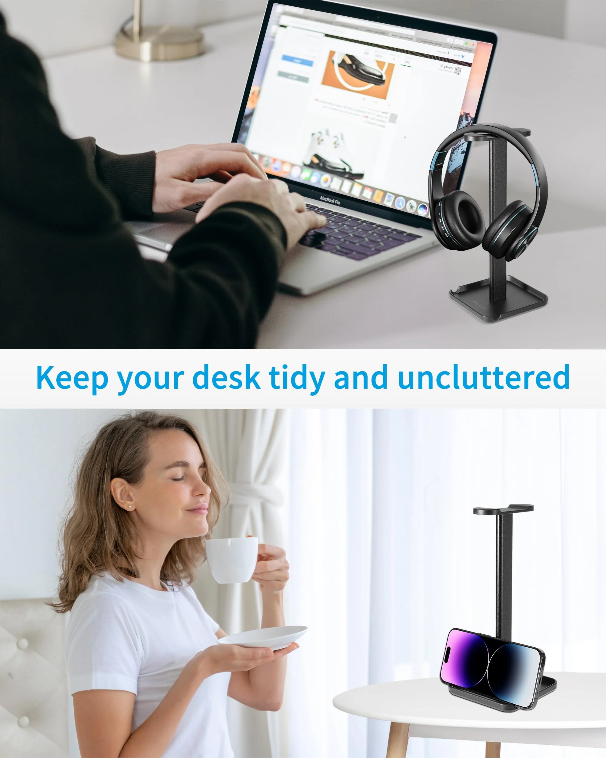 2-in-1 Aluminum Headphone Stand & Phone Holder Rack - Sleek, Sturdy & Ergonomic Design Gaming Headset Stand for Desk Organization - Gamer Gifts (Black) Black - Image 4