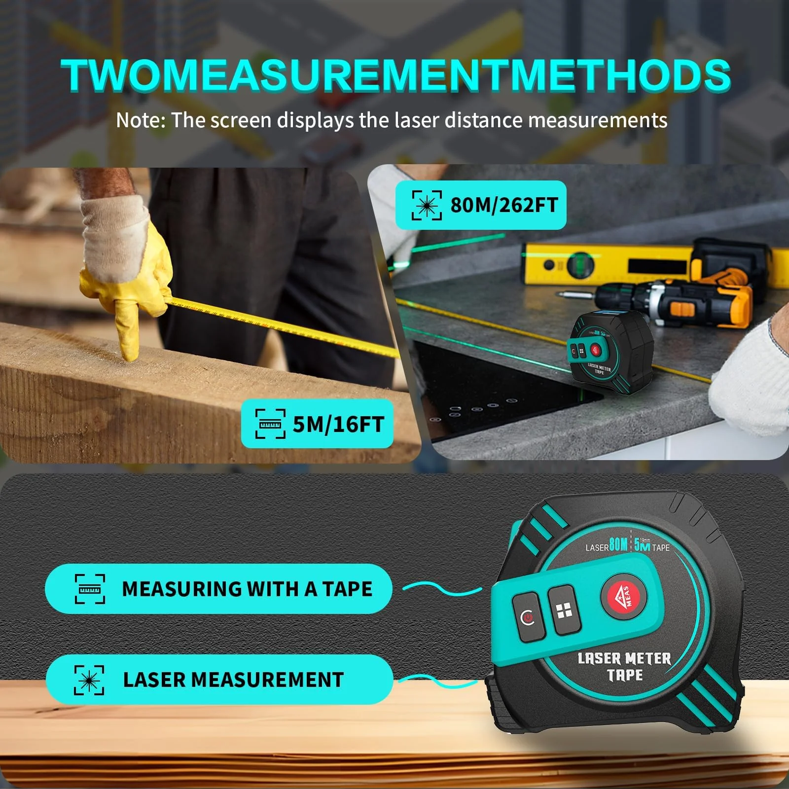 2-in-1 Laser Tape Measure 262ft – Digital Measuring Tape with LCD Display, Rechargeable Smart Tape Measure with Distance, Area & Volume Measurement, USB Charging – Construction & DIY Use Green Laser Tape 16ft+262ft - Image 2