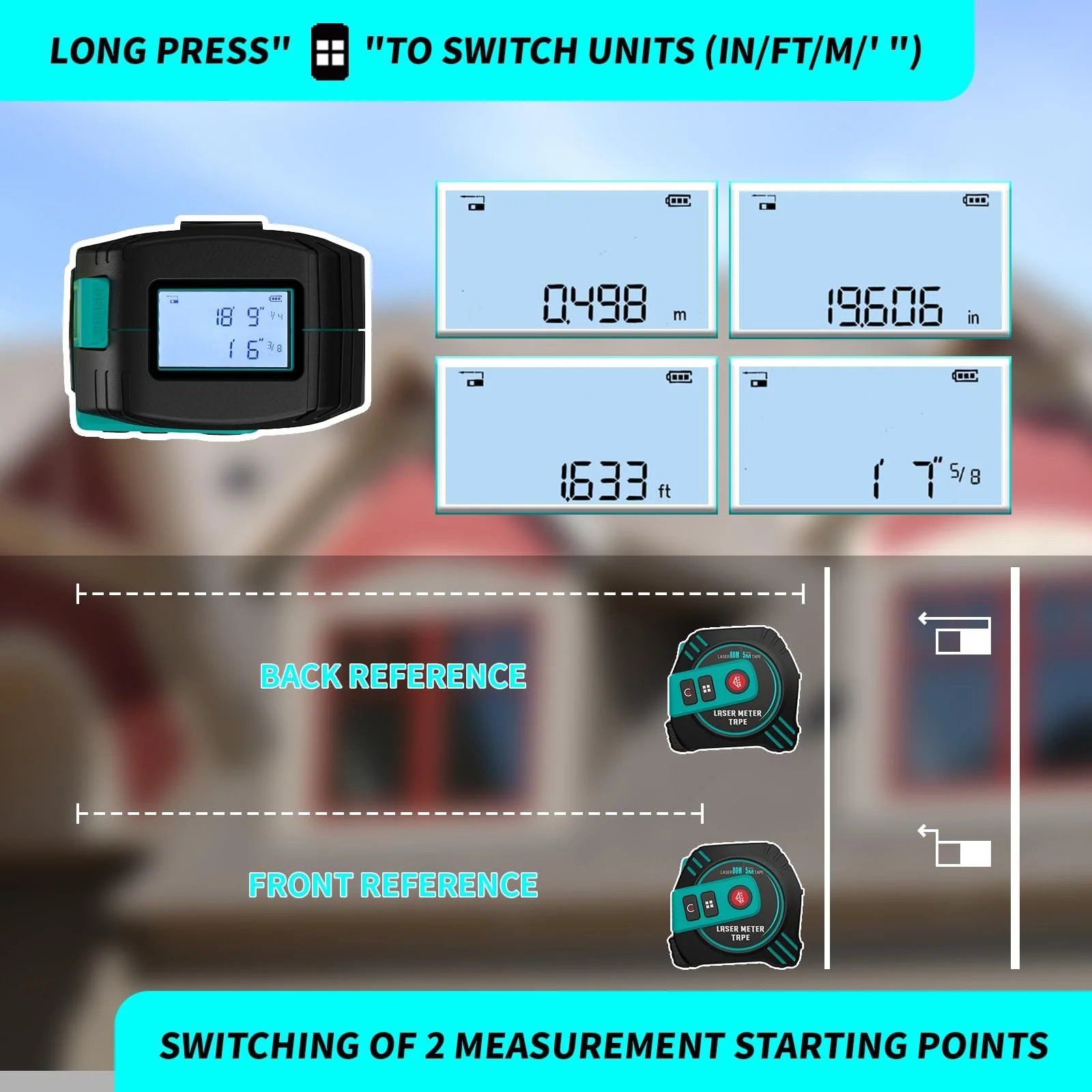 2-in-1 Laser Tape Measure 262ft – Digital Measuring Tape with LCD Display, Rechargeable Smart Tape Measure with Distance, Area & Volume Measurement, USB Charging – Construction & DIY Use Green Laser Tape 16ft+262ft - Image 4
