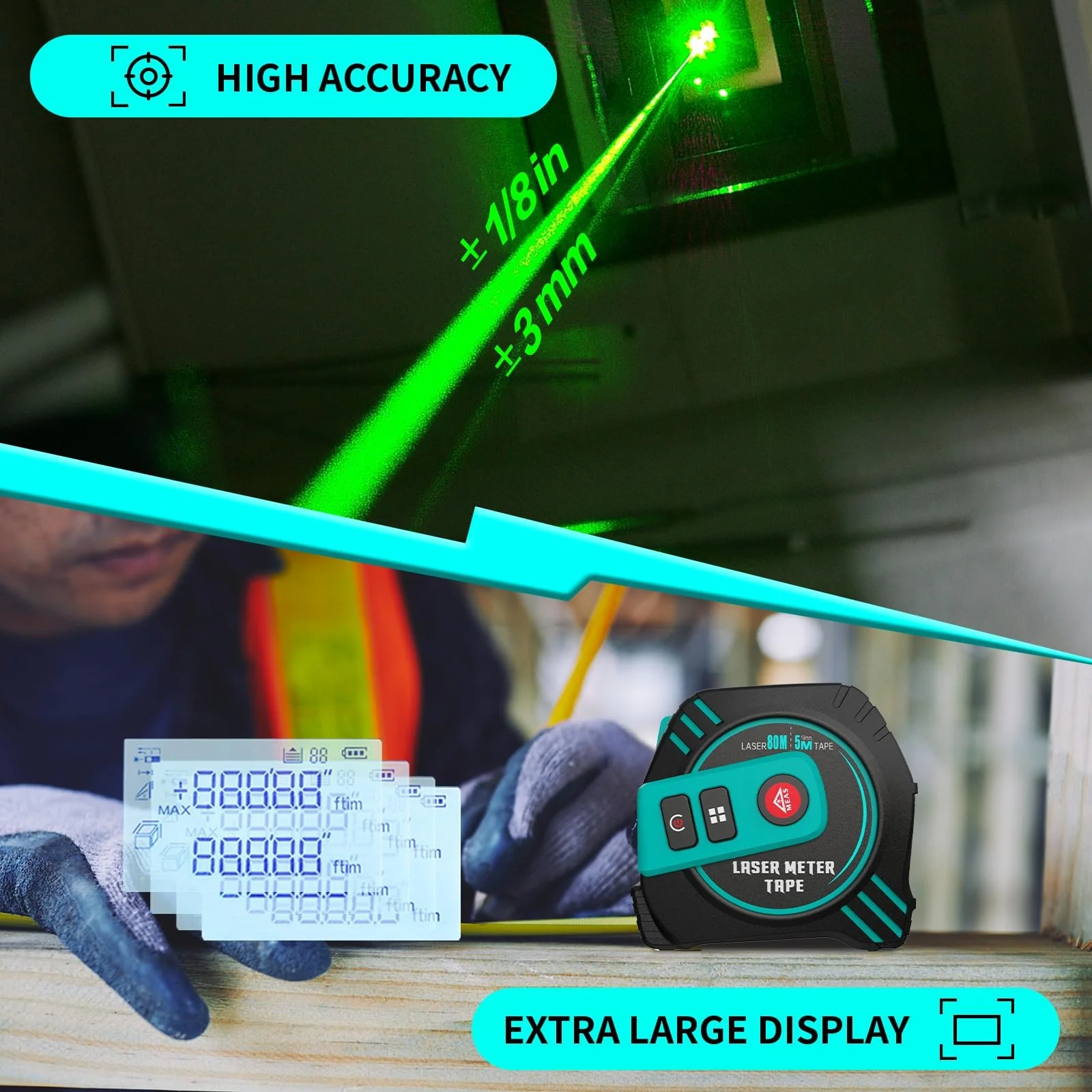 2-in-1 Laser Tape Measure 262ft – Digital Measuring Tape with LCD Display, Rechargeable Smart Tape Measure with Distance, Area & Volume Measurement, USB Charging – Construction & DIY Use Green Laser Tape 16ft+262ft - Image 5