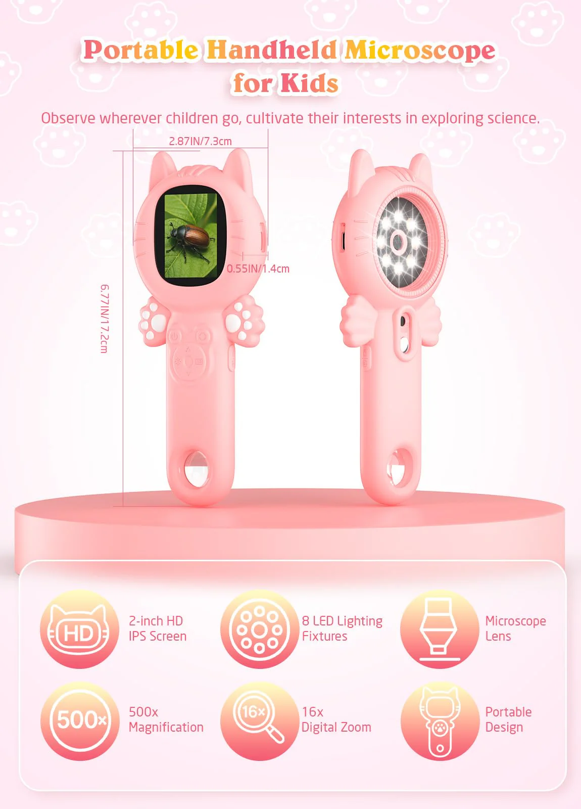2-in-1 Microscope Camera for Kids, Mini Handheld Microscope Supporting Multiple Viewing Angles, Outdoor Educational Science Adventure Toys, Birthday Gifts for 3-10 Years Old Girls, Pink Cat - Image 2