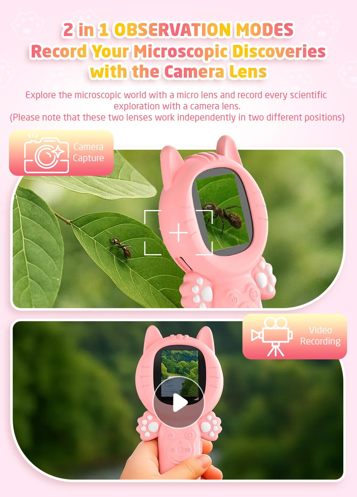 2-in-1 Microscope Camera for Kids, Mini Handheld Microscope Supporting Multiple Viewing Angles, Outdoor Educational Science Adventure Toys, Birthday Gifts for 3-10 Years Old Girls, Pink Cat - Image 3