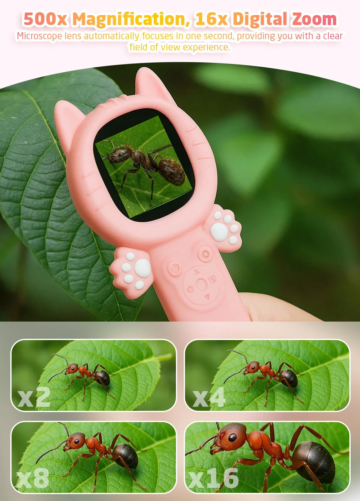 2-in-1 Microscope Camera for Kids, Mini Handheld Microscope Supporting Multiple Viewing Angles, Outdoor Educational Science Adventure Toys, Birthday Gifts for 3-10 Years Old Girls, Pink Cat - Image 5