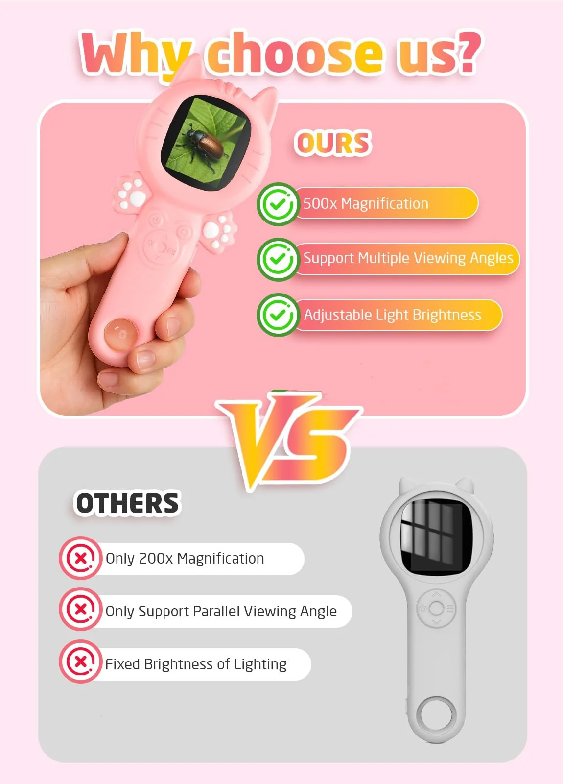 2-in-1 Microscope Camera for Kids, Mini Handheld Microscope Supporting Multiple Viewing Angles, Outdoor Educational Science Adventure Toys, Birthday Gifts for 3-10 Years Old Girls, Pink Cat - Image 7