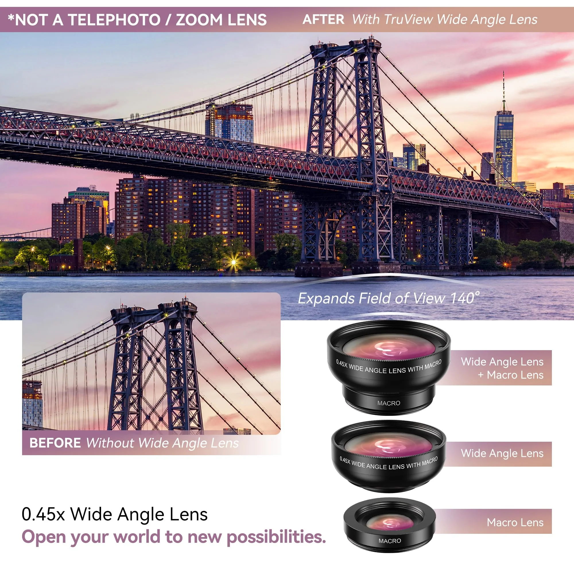 2 in 1 Phone Camera Lens Kit for iPhone and Android, 12.5X Macro Lens and 0.45X Wide Angle Lens Phone Lens Attachment with Travel Bag 0.45W - Image 2