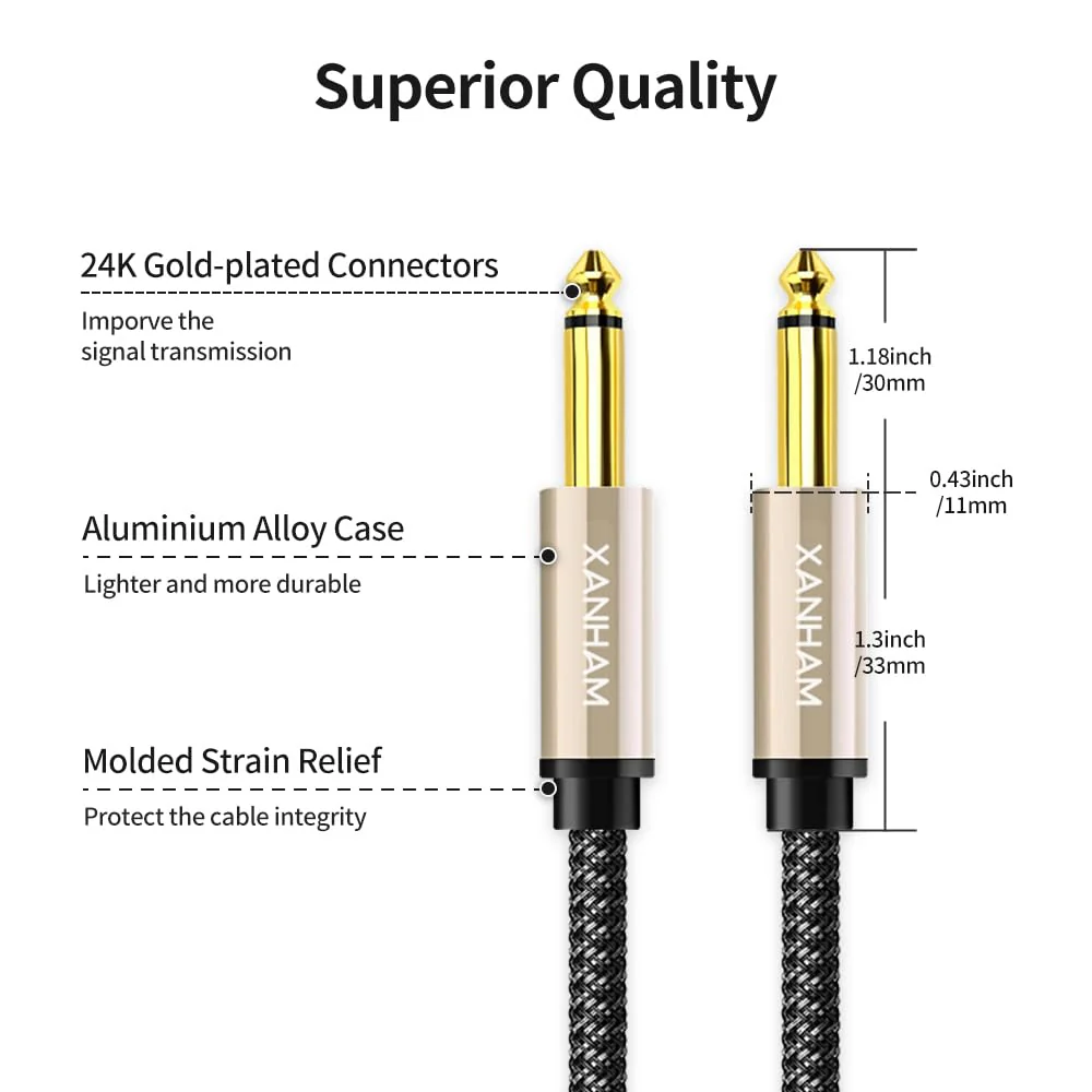 2-Pack 1/4 Inch TS Instrument Cable 16 Feet /5M Electric Guitar Cables Quarter Inch Mono Jack Cord for Electric Guitar, Mandolin, Bass AMP, Keyboard, Mixer, Equalizer 16 Feet/5M - Image 3