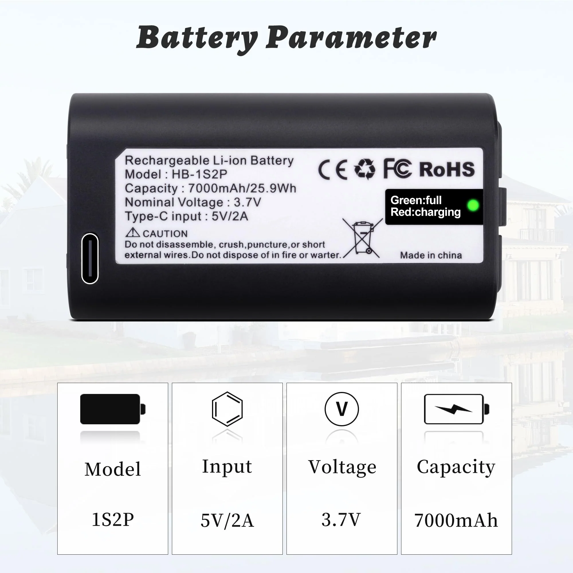 2-Pack 7000mah Battery Replacement for myQ Smart Garage Video Keypad Alarm System, Rechargeable Battery Compatible with MYQ 18650MH1-1S2P with USB-C Charging Cable, Li-ion 3.7V 25.9Wh - Image 3