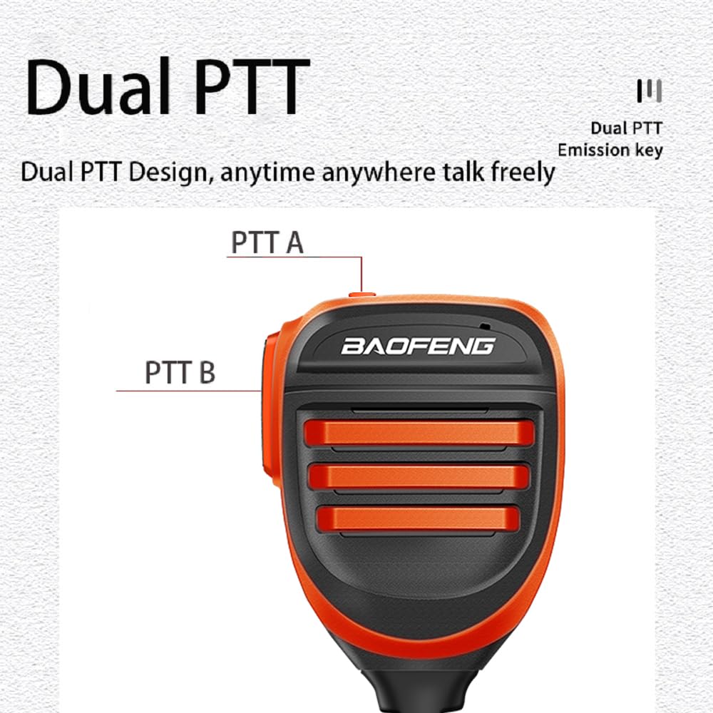 2 Pack BAOFENG BF-F8HP Microphone Speaker Dual PTT Handheld Mic Waterproof Upgrade of Original BF Mic for GMRS Ham Radio 2Pin K Orange Compatible with UV-K5 UV-82 UV-S9 Plus UV-17R P15UV - Image 2