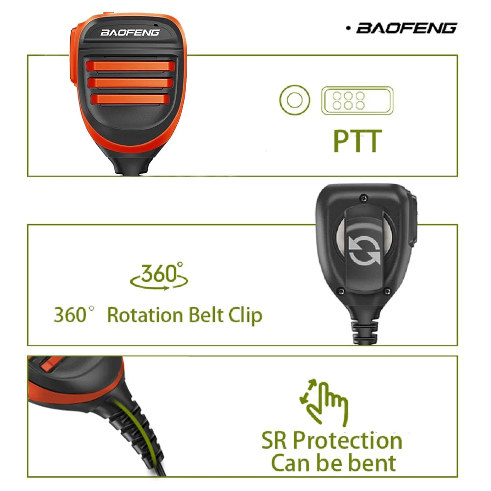 2 Pack BAOFENG BF-F8HP Microphone Speaker Dual PTT Handheld Mic Waterproof Upgrade of Original BF Mic for GMRS Ham Radio 2Pin K Orange Compatible with UV-K5 UV-82 UV-S9 Plus UV-17R P15UV - Image 5