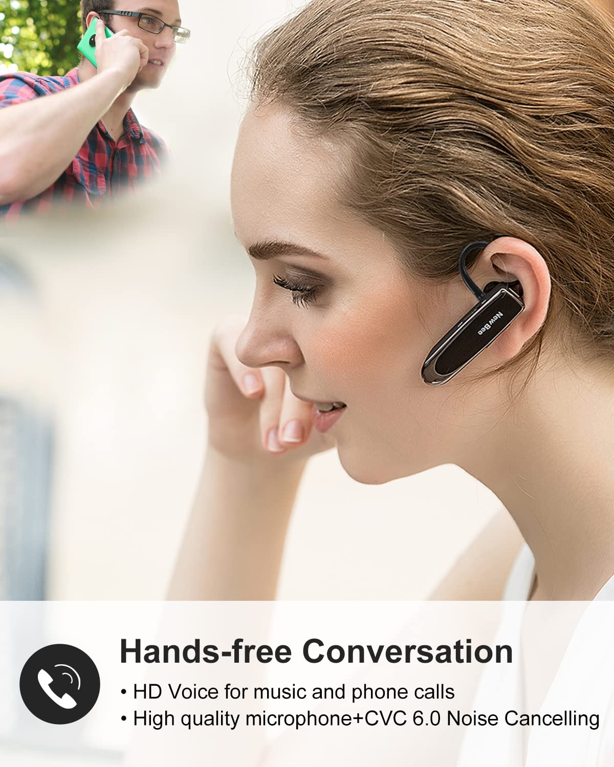 [2 Pack] Bluetooth Earpiece Wireless Handsfree Headset V5.0 24 Hrs Driving with Mic 60 Days Standby Bluetooth Headset for iPhone Android Samsung Driver Black - Image 2