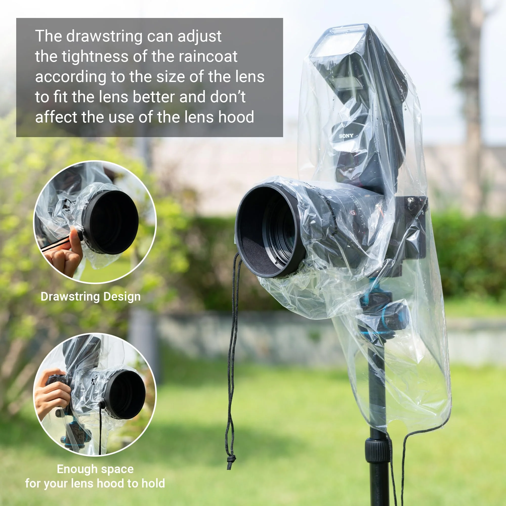 2 Pack Camera Lens Rain Cover Raincoat with Flash Clear Dust Proof Sleeve Protection for Canon EOS 4000D 1200D 90D 80D 77D 70D 5D 6D 7D Mark II R10 R7 R5 R6 Rp R Rebel T8i T7i T7 T6i SL3 SX70 SX60 HS (2 Pack)for Camera with Flash - Image 3
