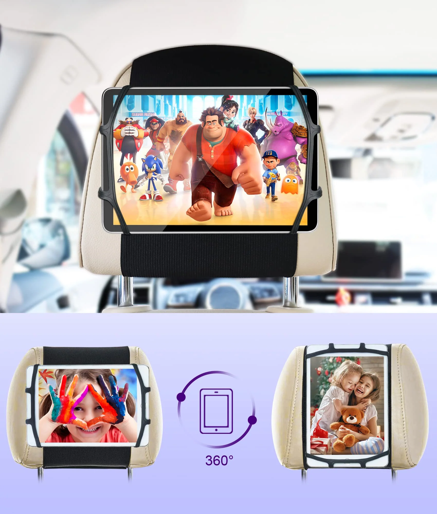 2 Pack Car Headrest Tablet Holder Back Seat Tablet Holder for Car Headrest Mount for Kids Fits All 7-12.9'' Tablets 2 Pack - Image 4