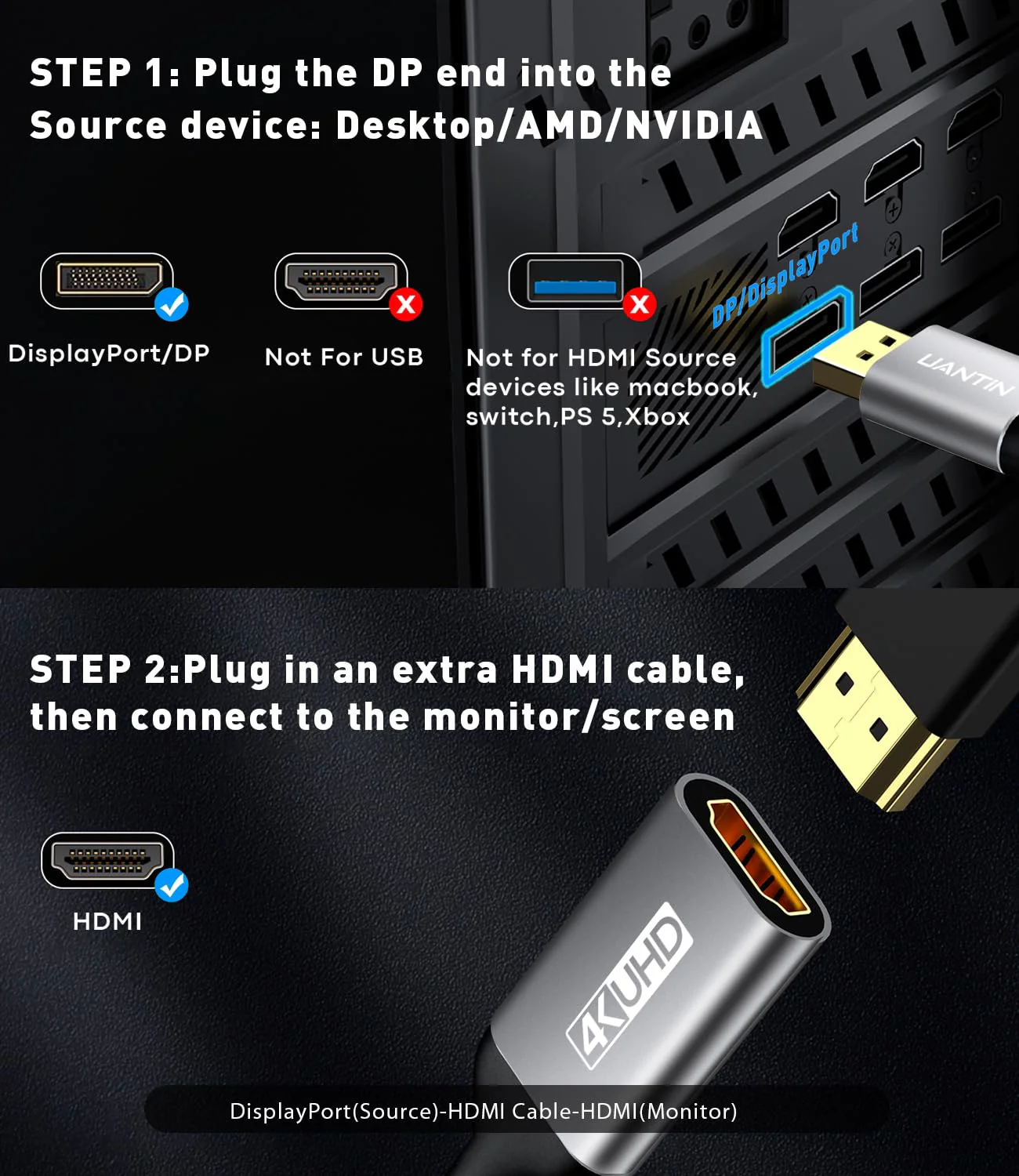 2-Pack Display Port to HDMI 4K Adapter | Braided DP DisplayPort Male to HDMI Female Uni-Directional Converter for PC Dell HP AMD NVIDIA Laptop HDTV Monitor and Other Passive 2 Pack - Image 4