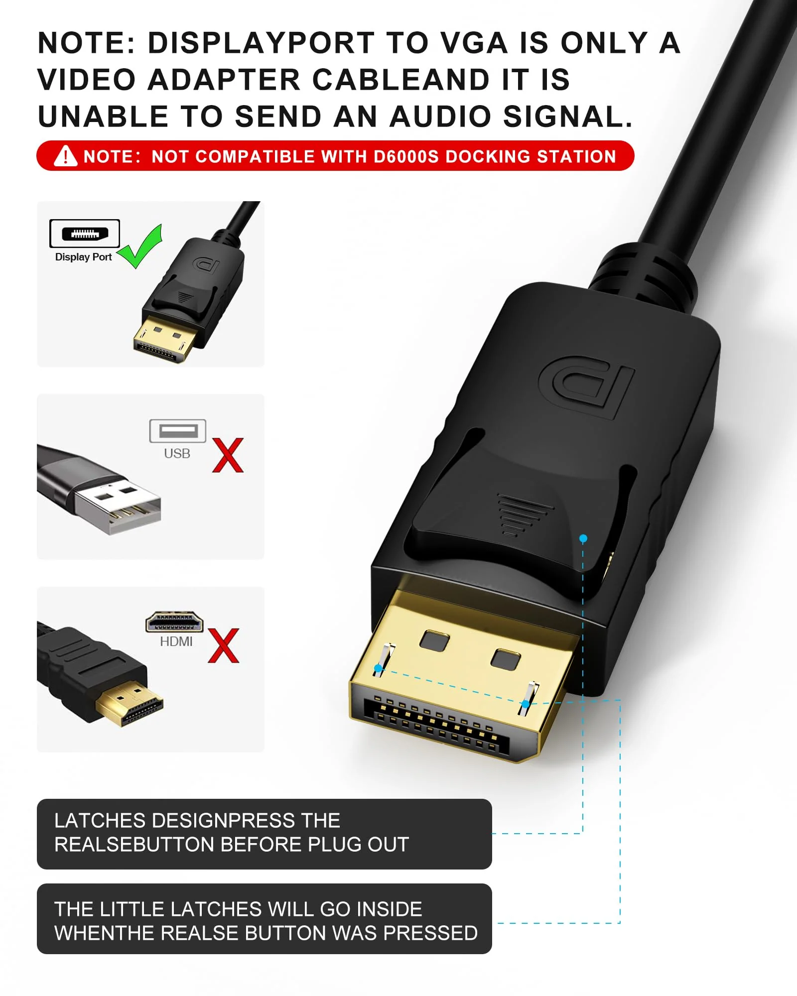 2 Pack DisplayPort to VGA 6ft, 6 Feet DisplayPort to VGA Adapter DP to VGA Cable Connects DP Port from Desktop Laptop to Monitor or Projector with VGA Port, Display Port to Vga Male to Male 2 pack - Image 6