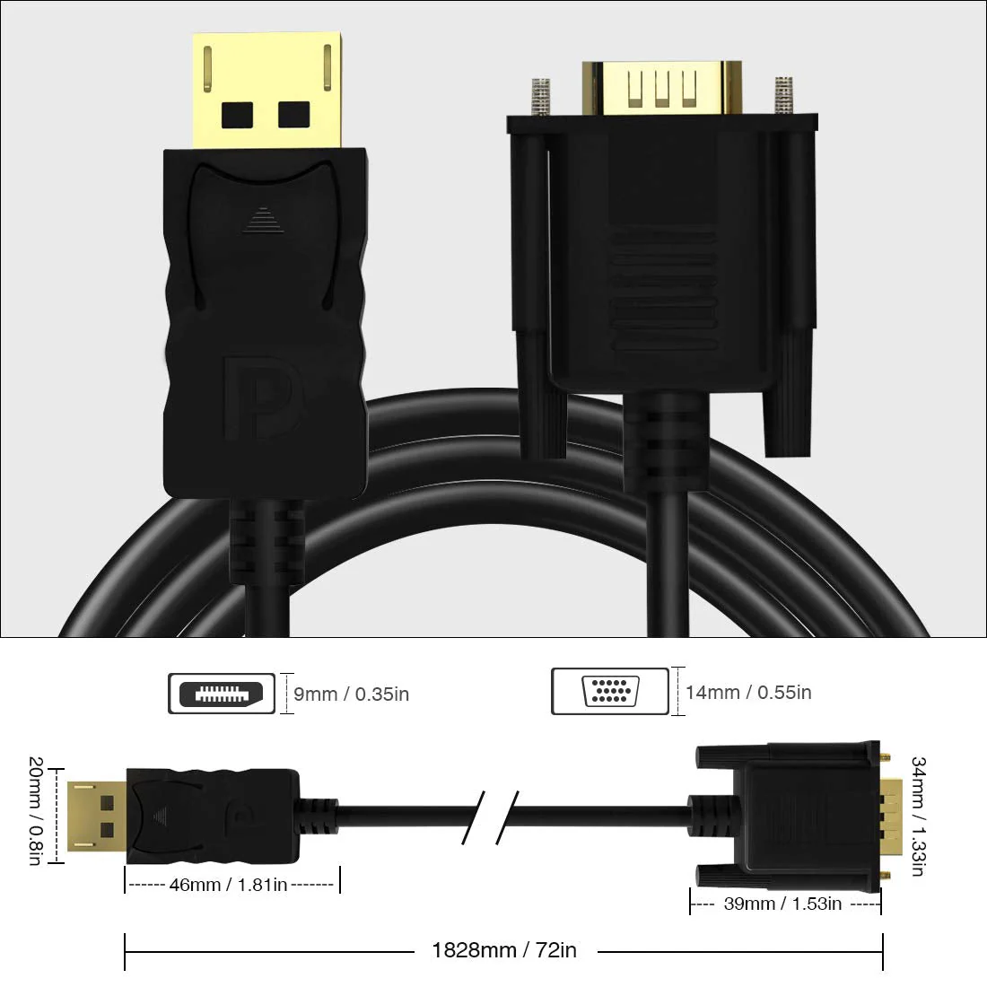 2 Pack DisplayPort to VGA 6ft, 6 Feet DisplayPort to VGA Adapter DP to VGA Cable Connects DP Port from Desktop Laptop to Monitor or Projector with VGA Port, Display Port to Vga Male to Male 2 pack - Image 7