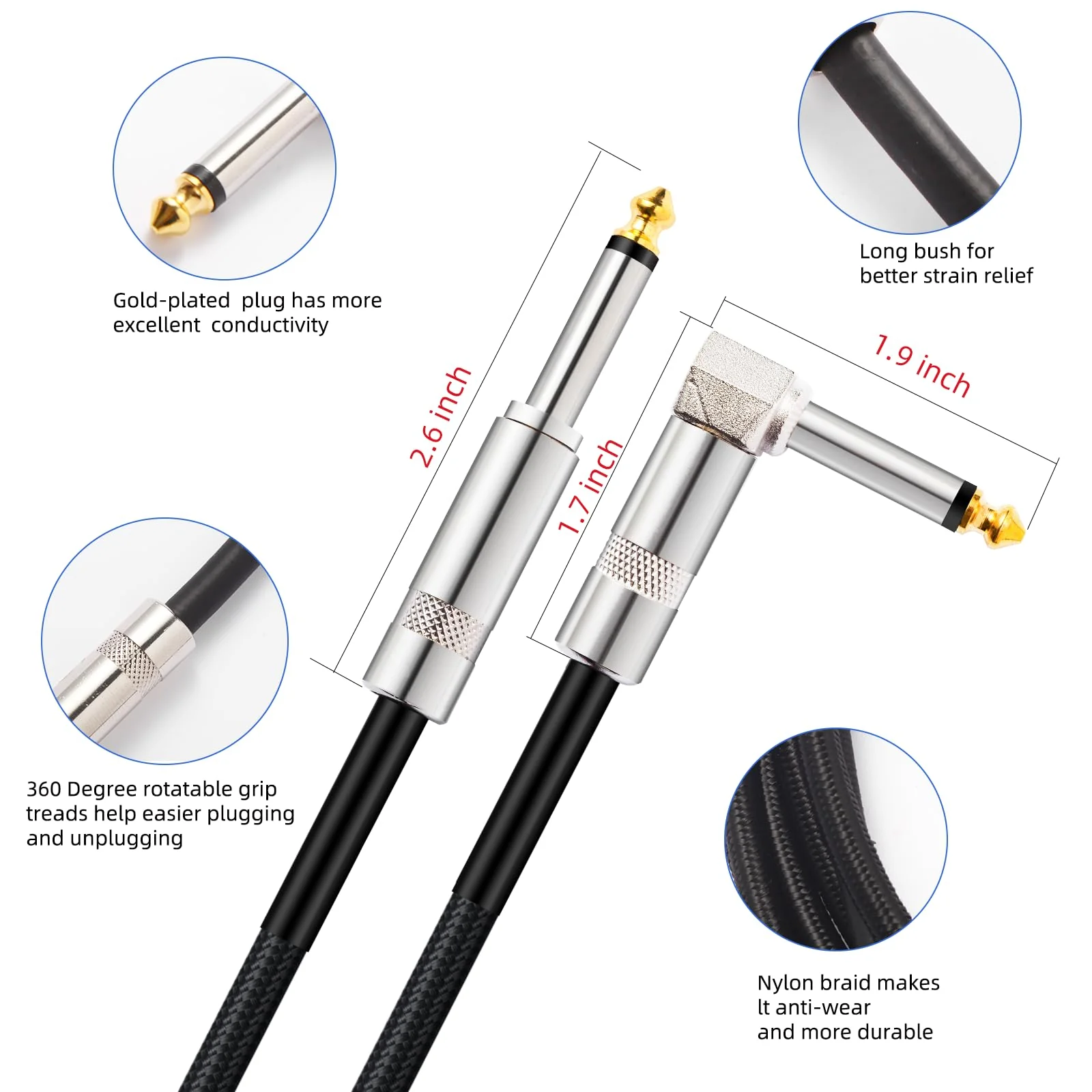 2-Pack Guitar Cable, 10FT Instrument Cable Guitar Amp Cord, Noise Free and Long-Lasting Guitar Cord for Bass Guitar & Electric Guitar/Keyboard/Mandolin 1/4 Inch Cable Right Angle Black - Image 2