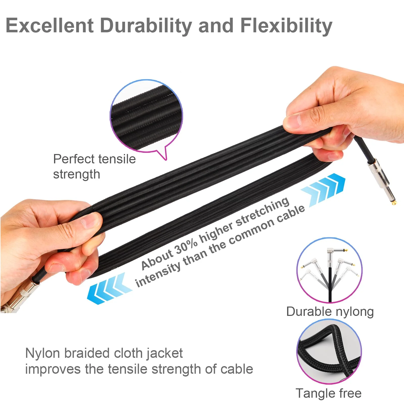 2-Pack Guitar Cable, 10FT Instrument Cable Guitar Amp Cord, Noise Free and Long-Lasting Guitar Cord for Bass Guitar & Electric Guitar/Keyboard/Mandolin 1/4 Inch Cable Right Angle Black - Image 4