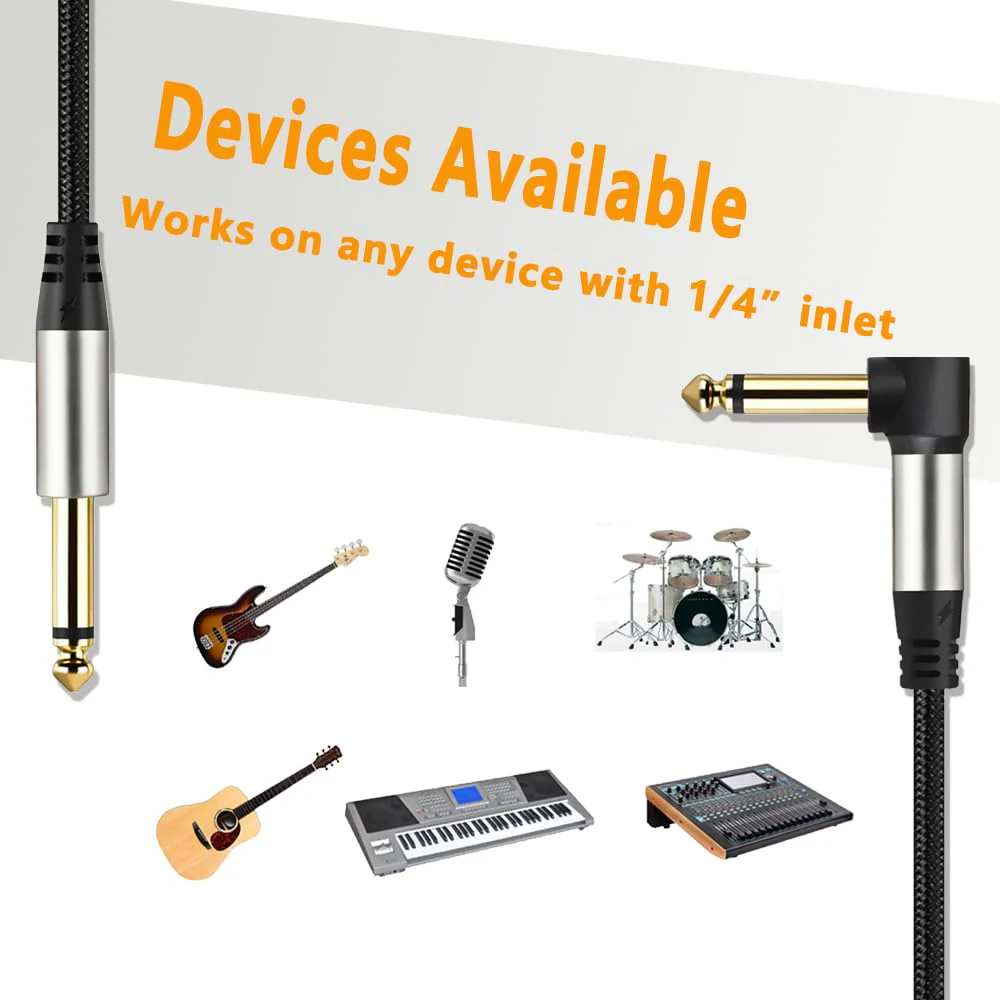 2-Pack Guitar Cables 1/4 Inch 6.35mm Male to Male Jack Right Angle to Straight Nylon Braided TS Mono Instrument Cable (16FT) 16FT - Image 3