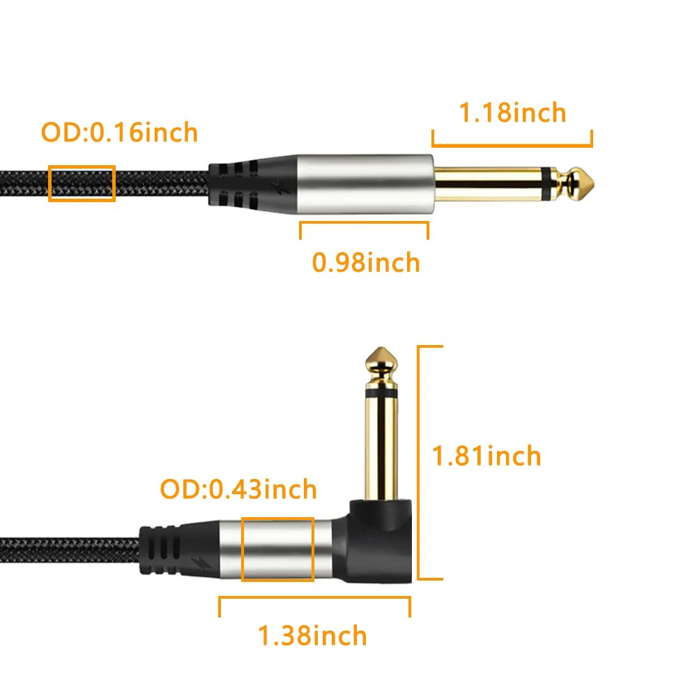 2-Pack Guitar Cables 1/4 Inch 6.35mm Male to Male Jack Right Angle to Straight Nylon Braided TS Mono Instrument Cable (16FT) 16FT - Image 4