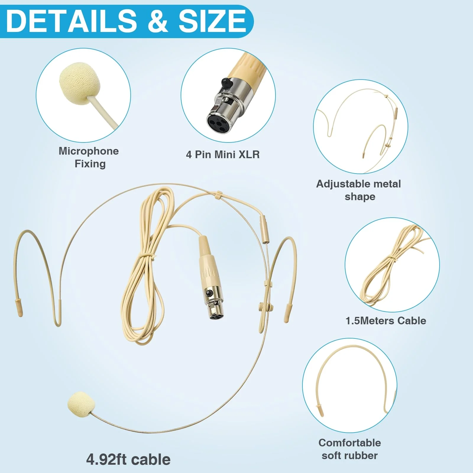 2 Pack Headset Microphone for Singing Double Over Ear Earset 4 Pin Mini XLR Ta4f Plug Mic 1.5m Cable and Windscreen Head Hanging Condenser Omnidirectional Mic Compatible with Shure,Beige - Image 3