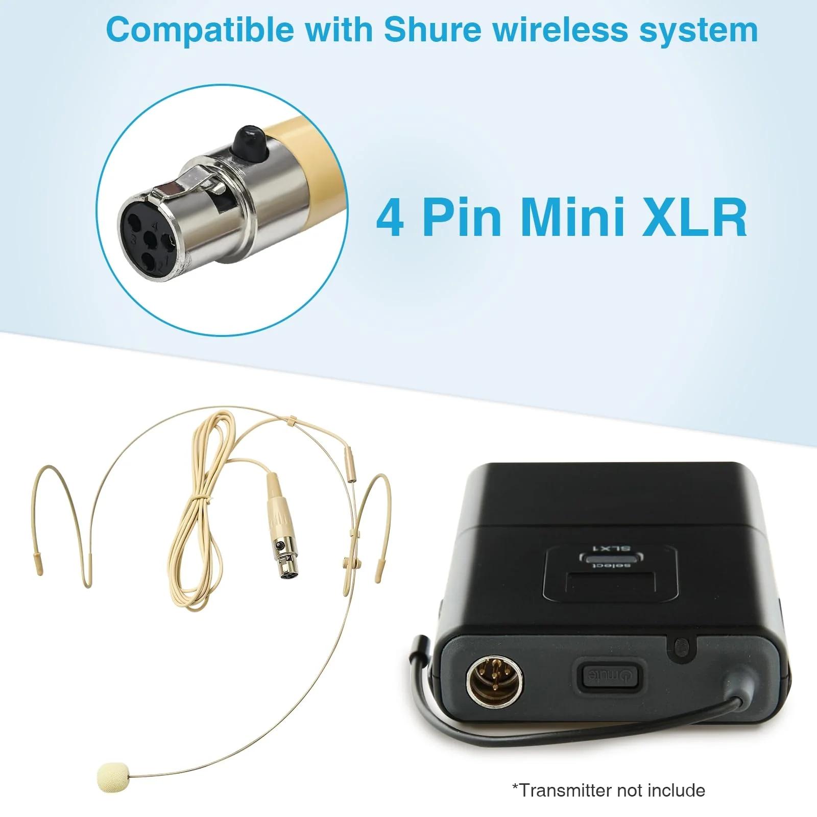 2 Pack Headset Microphone for Singing Double Over Ear Earset 4 Pin Mini XLR Ta4f Plug Mic 1.5m Cable and Windscreen Head Hanging Condenser Omnidirectional Mic Compatible with Shure,Beige - Image 4