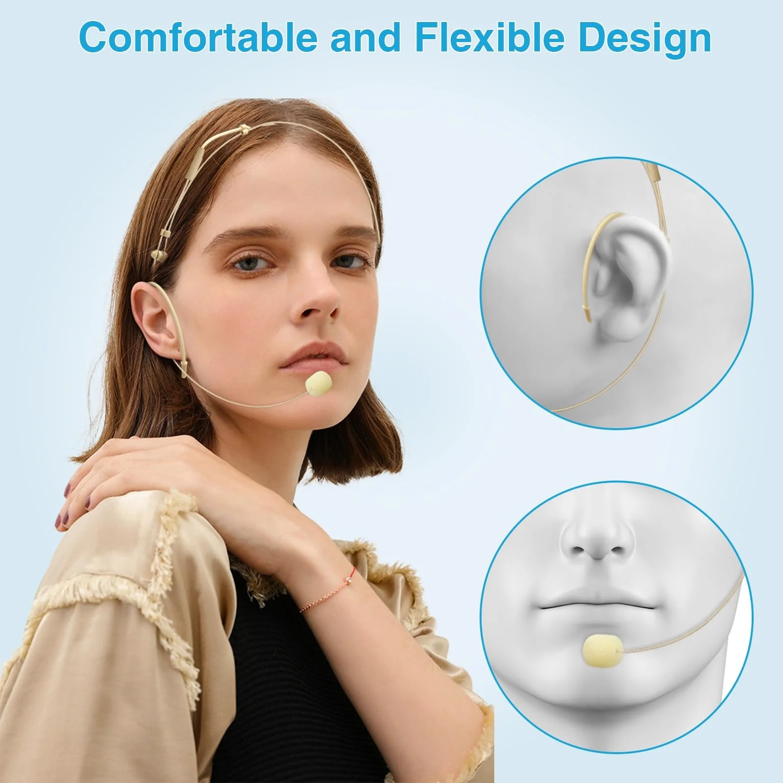 2 Pack Headset Microphone for Singing Double Over Ear Earset 4 Pin Mini XLR Ta4f Plug Mic 1.5m Cable and Windscreen Head Hanging Condenser Omnidirectional Mic Compatible with Shure,Beige - Image 5