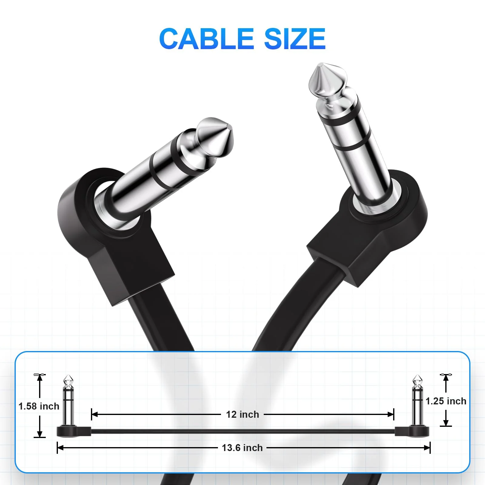 2 Pack Premium 1/4 Inch Stereo TRS Flat Patch Cables, Low Profile to Save More Space TRS Cables with 12 Inch Length, Noise Free and Long-Lasting Guitar Pedal Cable, Right Angle, Black - Image 6