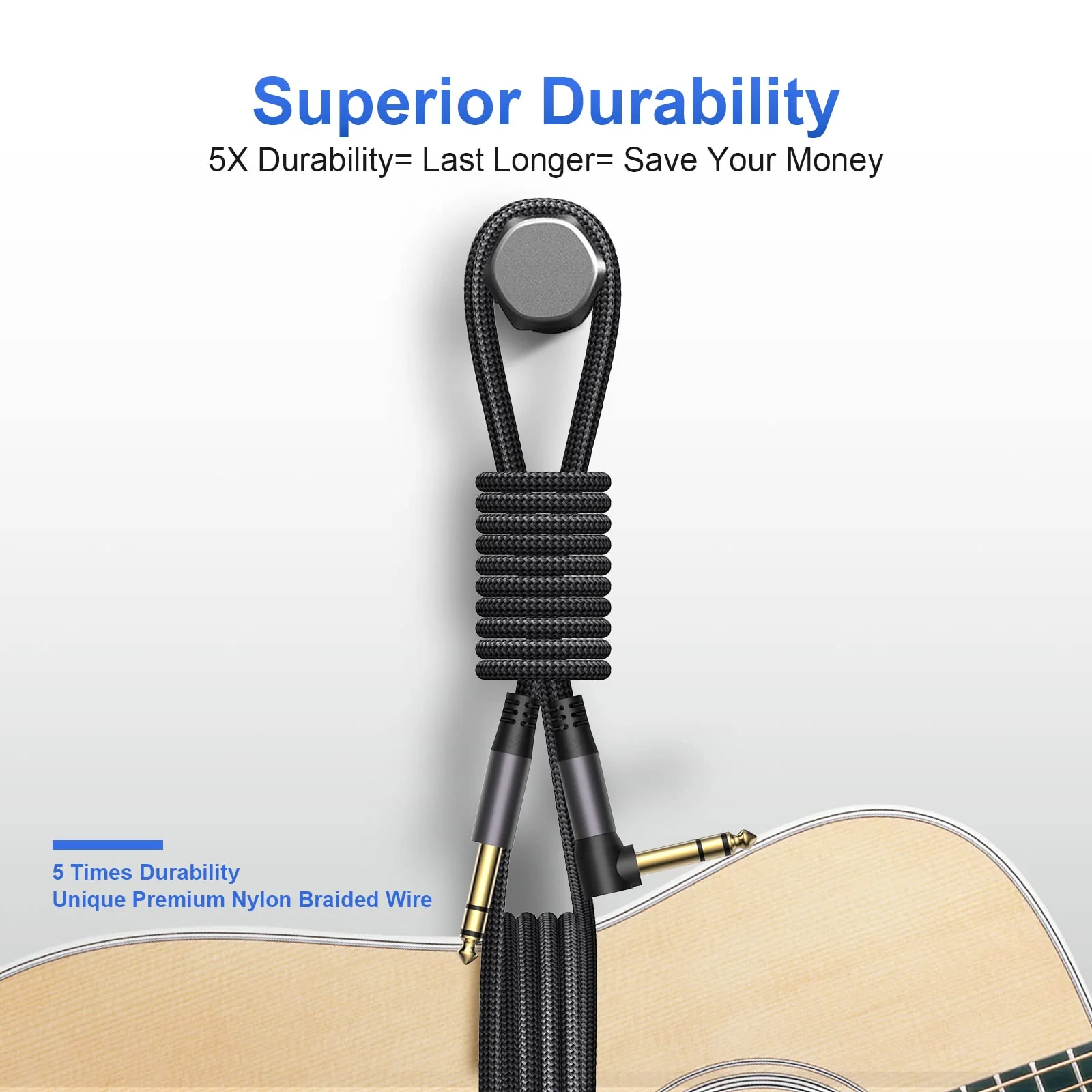 2 Pack Premium TRS Cable 10FT, 1/4 Inch TRS Cable- Noise Free and Long-Lasting AMP Cord for Electric Guitar, Stereo Balanced Interconnect Line for Mixer, Studio Monitor, Right Angle 10 FT Right Angle to Straight Angle Black Grey - Image 3
