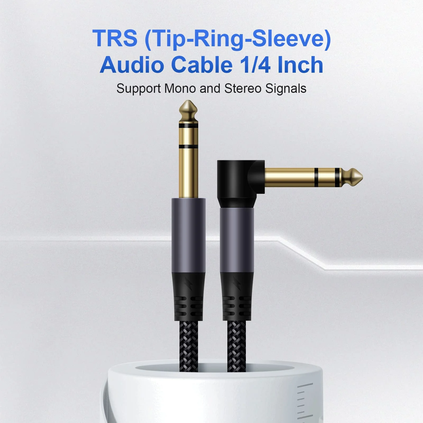 2 Pack Premium TRS Cable 10FT, 1/4 Inch TRS Cable- Noise Free and Long-Lasting AMP Cord for Electric Guitar, Stereo Balanced Interconnect Line for Mixer, Studio Monitor, Right Angle 10 FT Right Angle to Straight Angle Black Grey - Image 4
