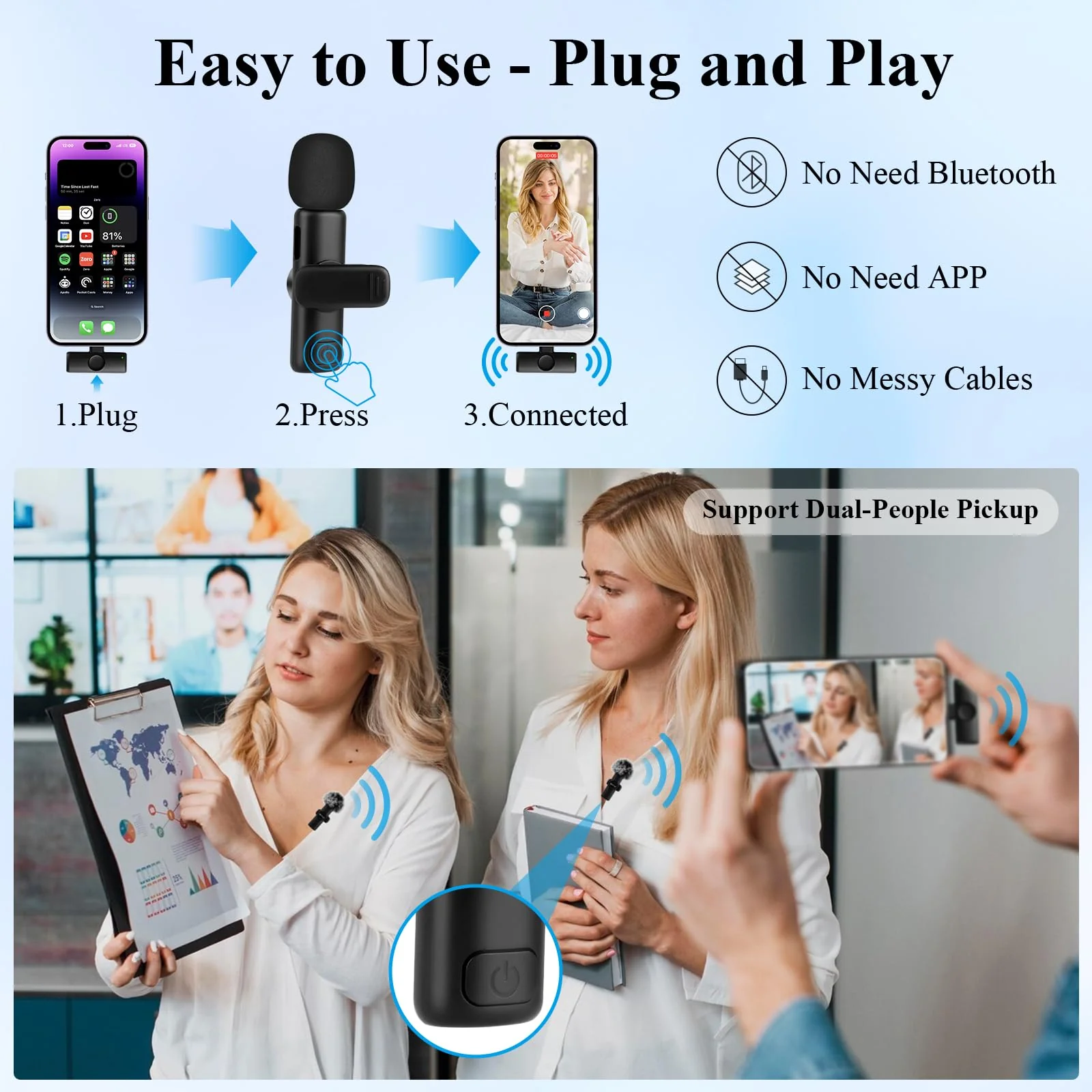 2 Pack Professional iPhone Wireless Lavalier Microphone for iPad, Crystal Clear Sound Quality with Noise Reduction Lapel Microphone Plug-Play for Interview Video Podcast Vlog YouTube TikTok Lightning Interface - Image 5