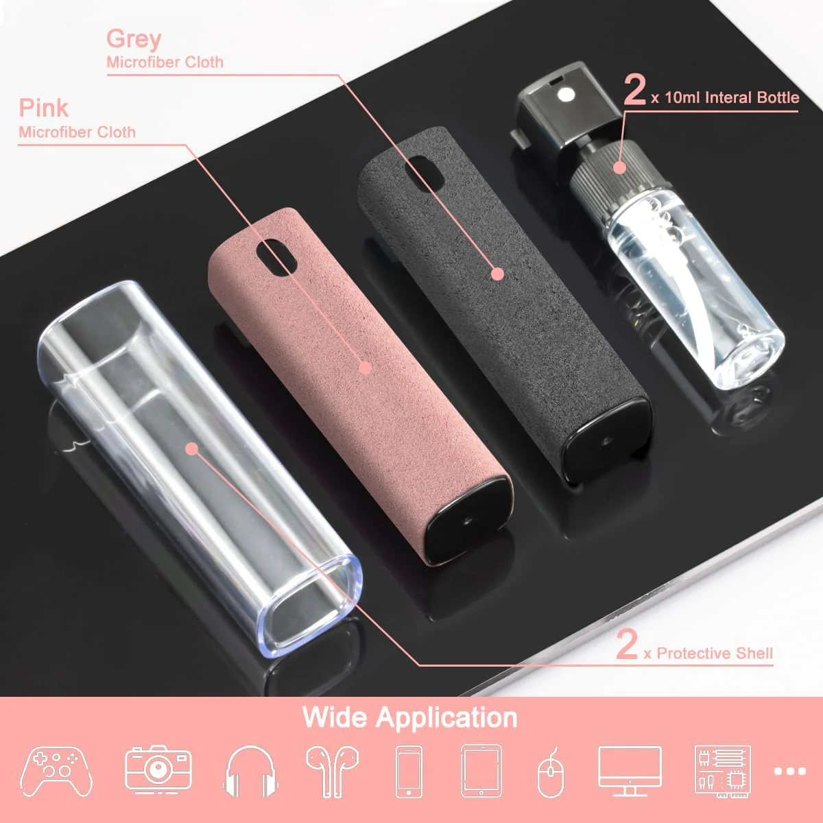 2 Pack Screen Cleaner Spray and Wipe for Laptop Monitor and Car Screens, Phone Touchscreen Mist Cleaning Kit for Cellphone, Tablet, PC, Computer, LCD, Eyeglass, iPhone, iPad, Mac Pro - Grey and Pink Grey, Pink - Image 2