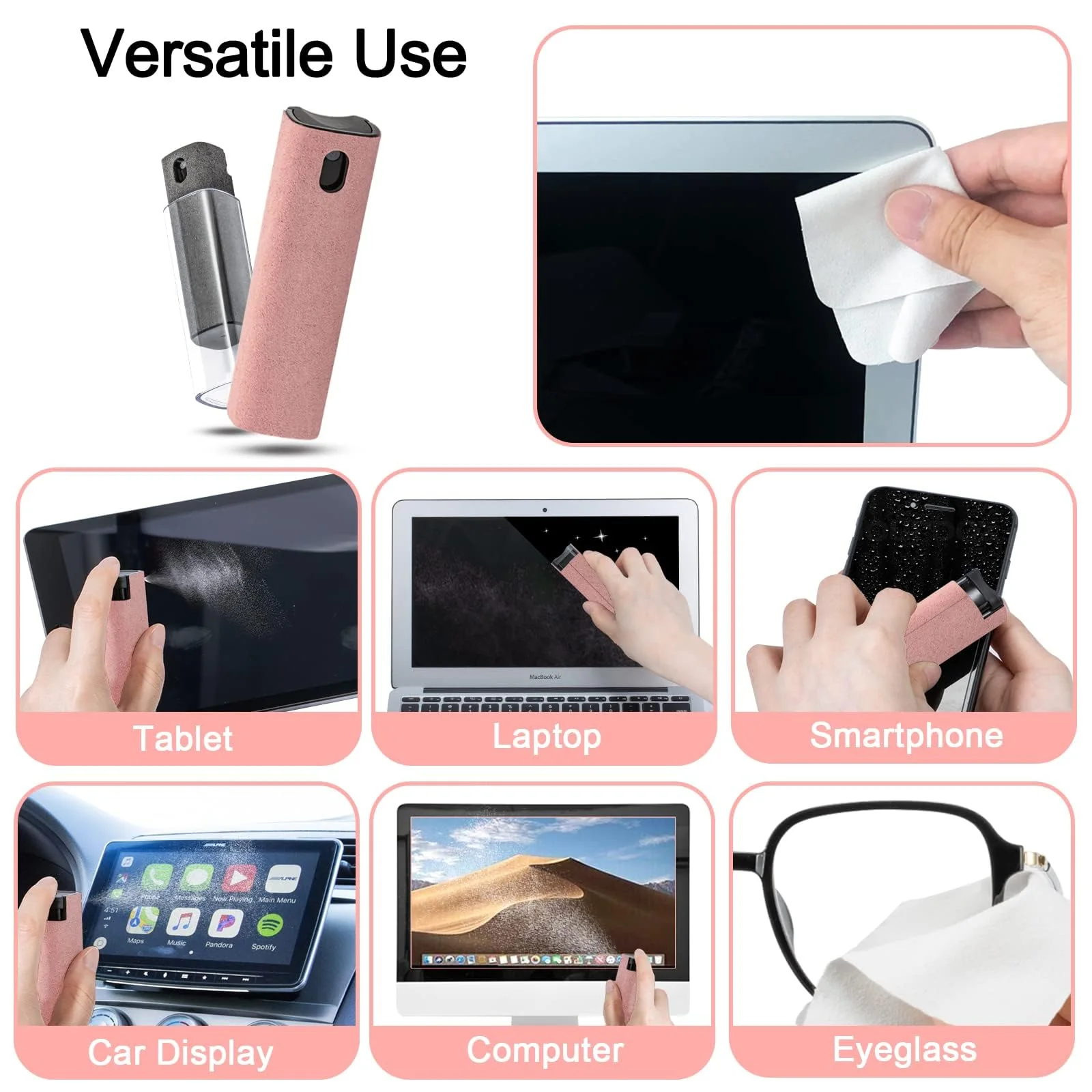 2 Pack Screen Cleaner Spray and Wipe for Laptop Monitor and Car Screens, Phone Touchscreen Mist Cleaning Kit for Cellphone, Tablet, PC, Computer, LCD, Eyeglass, iPhone, iPad, Mac Pro - Grey and Pink Grey, Pink - Image 4