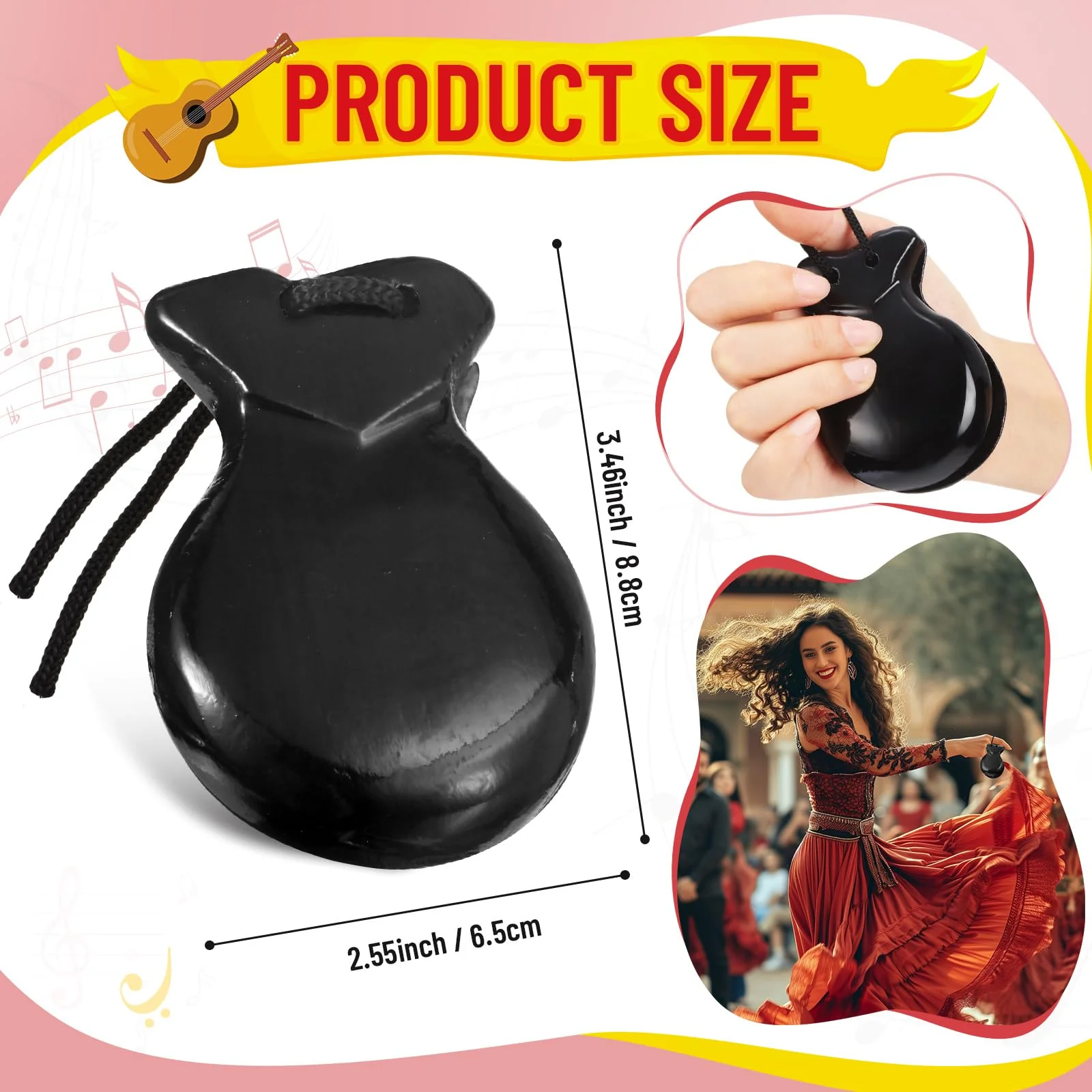 2 Pack Spanish Castanets Flamenco Castanets with String Traditional Wood Hand Percussion Castanets for Adults Kids Music Instrument Spain Souvenir Gift,1 Pair(Black) Black - Image 2