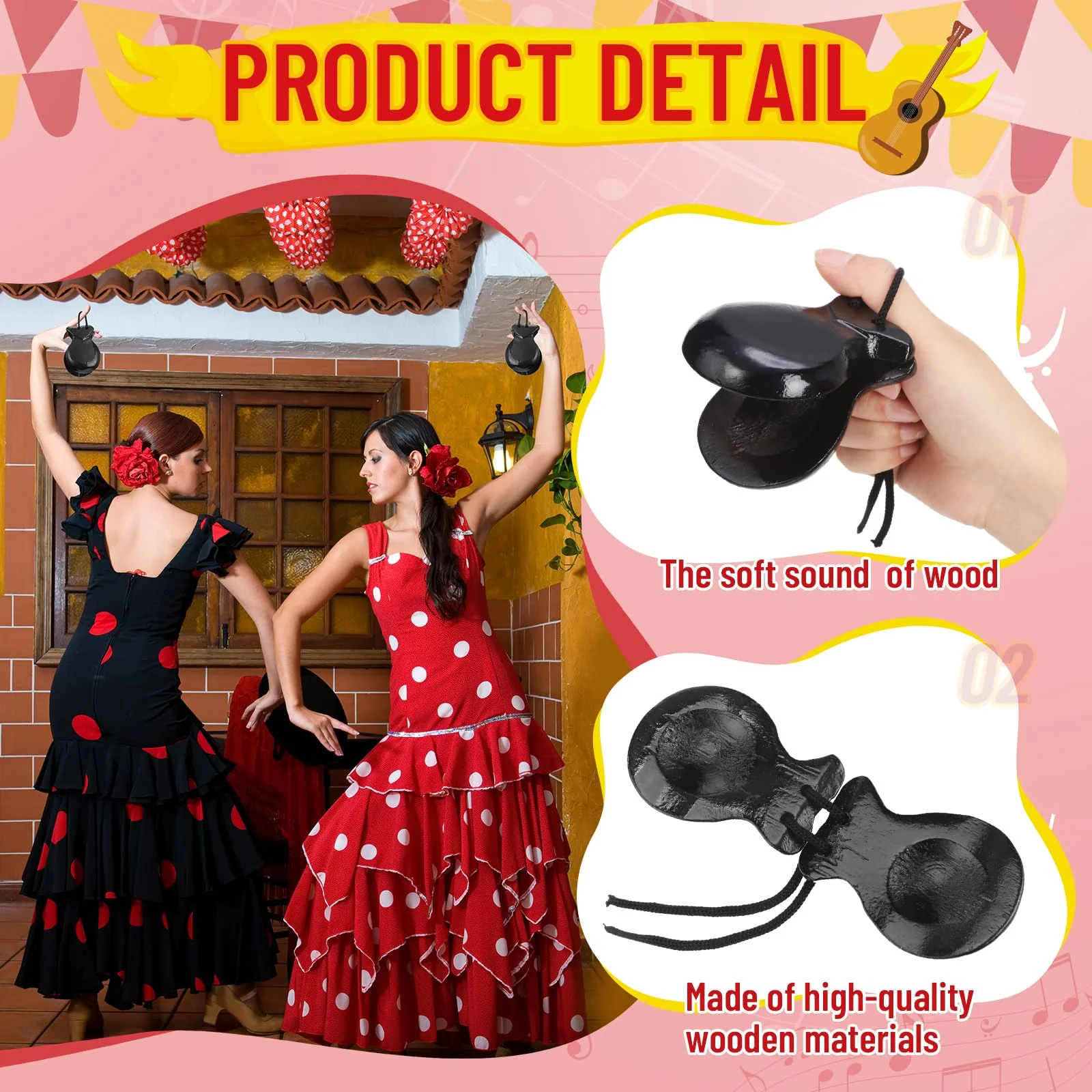 2 Pack Spanish Castanets Flamenco Castanets with String Traditional Wood Hand Percussion Castanets for Adults Kids Music Instrument Spain Souvenir Gift,1 Pair(Black) Black - Image 4
