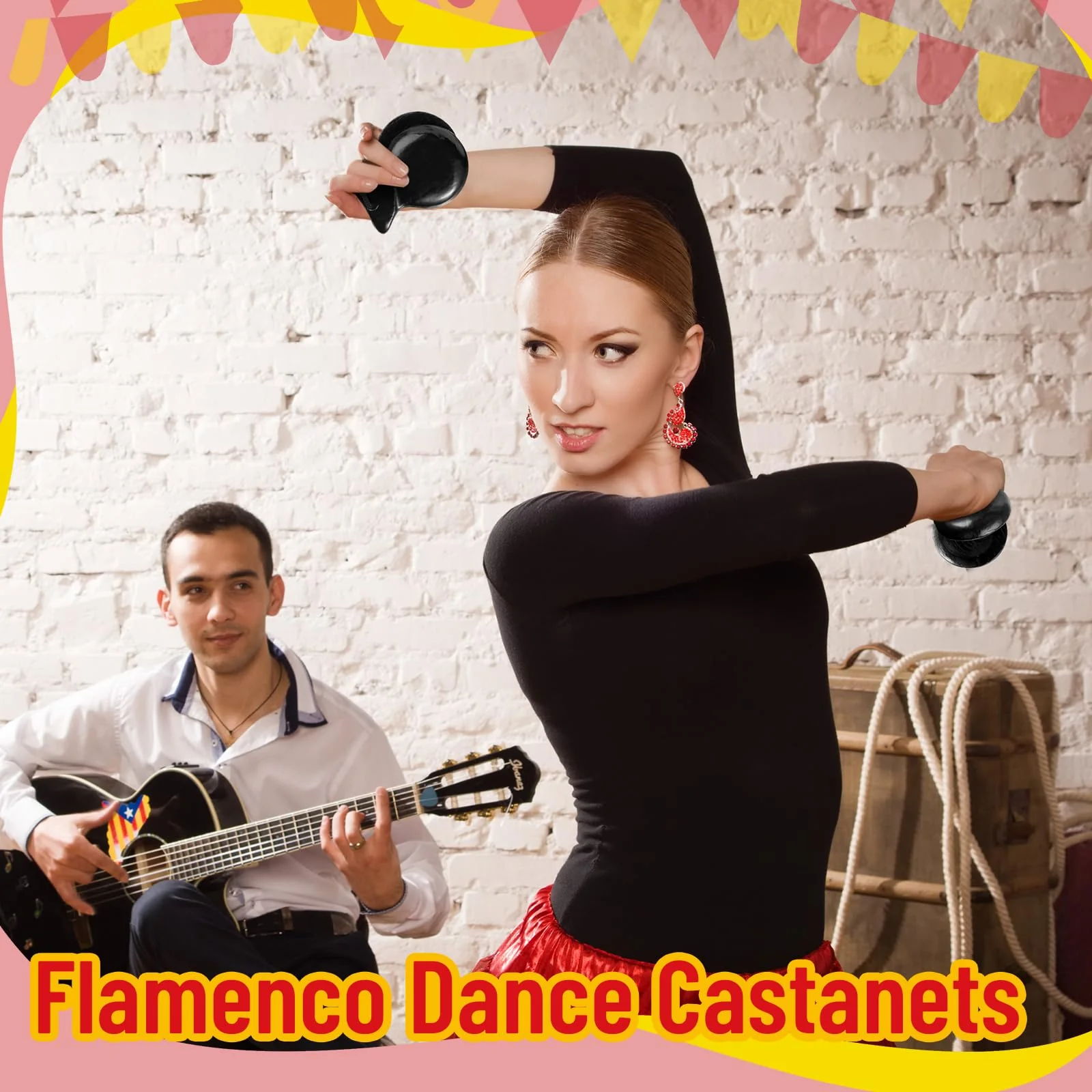 2 Pack Spanish Castanets Flamenco Castanets with String Traditional Wood Hand Percussion Castanets for Adults Kids Music Instrument Spain Souvenir Gift,1 Pair(Black) Black - Image 5