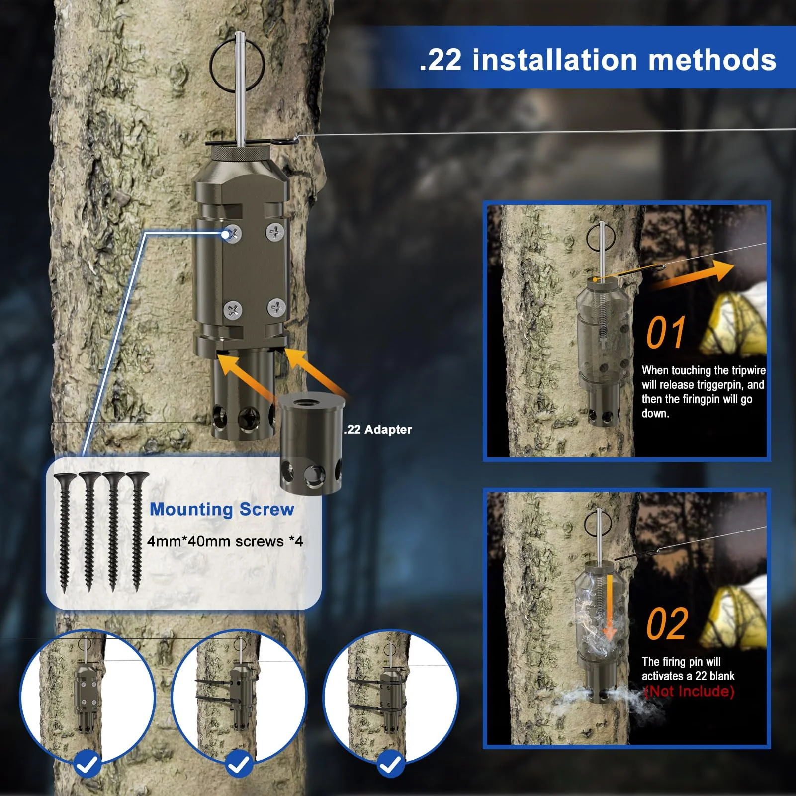 2 Pack Upgraded Perimeter Trip Alarm 12 Gauge Camping Trip Wire Alarm Device with .22 Adapter, Early Warning Security System for Outdoor and Property Safety 2 Pack - Image 4